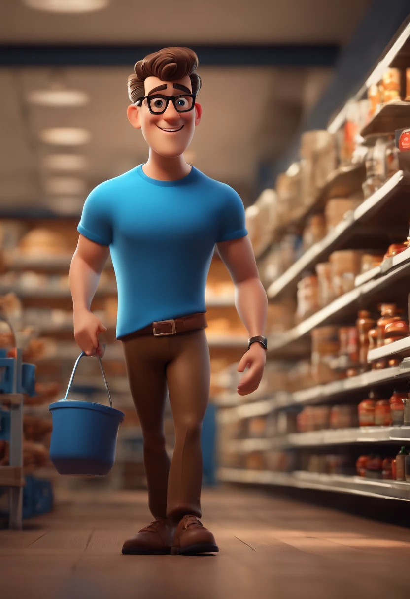 Cartoon character of a man with black glasses and a blue shirt, in the background a paint store animation character, Caractere estilizado, animation style rendering, 3D estilizado, Arnold Maya render, 3 d render stylized, toon render keyshot, Personagem 3D, Personagem 3D, 3d rendering stylized, 3 d character render, personagem de desenho animado, Personagem de close up, Pose de personagem, (Estilo Pixar) (master part:1.2) (Bokeh) (best quality) (pele detalhada) (textura detalhada) (8k) (argila) (Cinematic lighting) (foco nítido
