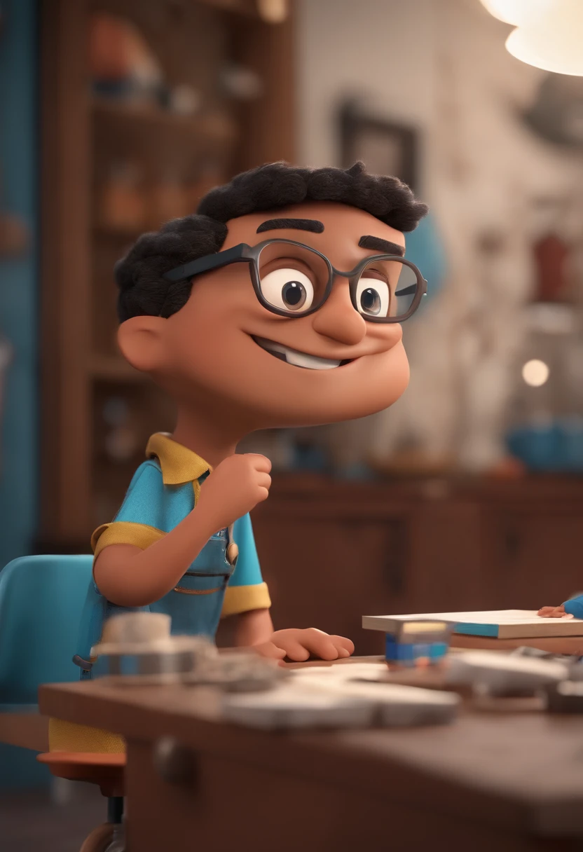 Cartoon character of a man with black glasses and a blue shirt, in the background a paint store animation character, Caractere estilizado, animation style rendering, 3D estilizado, Arnold Maya render, 3 d render stylized, toon render keyshot, Personagem 3D, Personagem 3D, 3d rendering stylized, 3 d character render, personagem de desenho animado, Personagem de close up, Pose de personagem,  (Estilo Pixar) (master part:1.2) (Bokeh) (best quality) (pele detalhada) (textura detalhada) (8k) (argila) (Cinematic lighting) (foco nítido