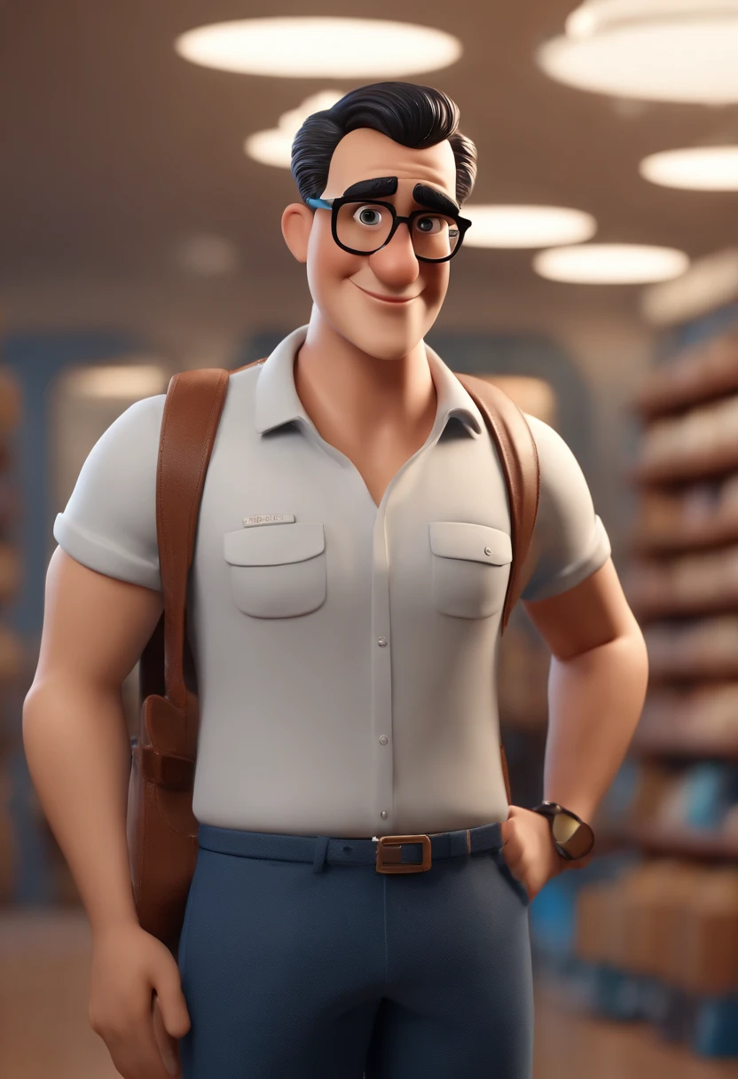 Cartoon character of a man with black glasses and a blue shirt, in the background a paint store animation character, Caractere estilizado, animation style rendering, 3D estilizado, Arnold Maya render, 3 d render stylized, toon render keyshot, Personagem 3D, Personagem 3D, 3d rendering stylized, 3 d character render, personagem de desenho animado, Personagem de close up, Pose de personagem, (Estilo Pixar) (master part:1.2) (Bokeh) (best quality) (pele detalhada) (textura detalhada) (8k) (argila) (Cinematic lighting) (foco nítido