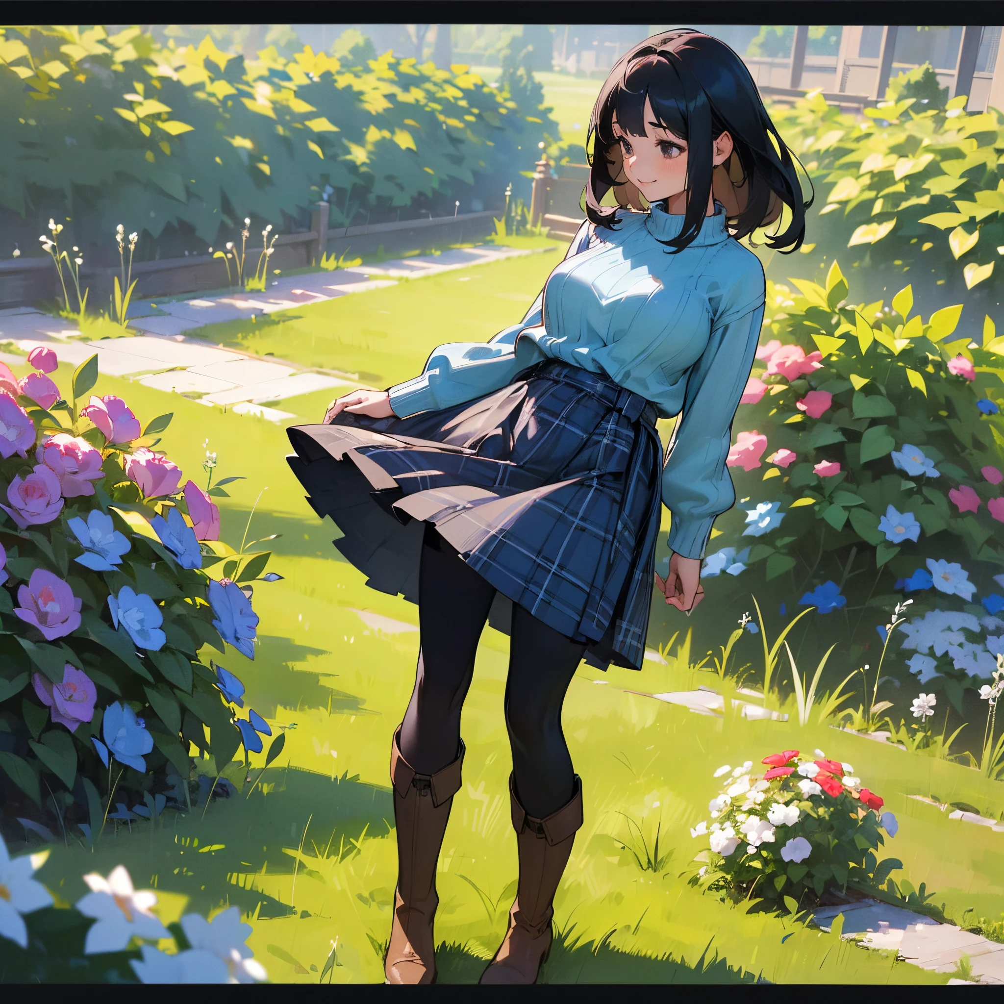 (High quality, High resolution, Ultra-detailed, Realistic:1.37), peaceful ambiance, (plein air, garden), girl standing alone, (My breasts are big.), Beautiful detailed features, Cute smile, (Black bob hair), Rib Sweater, blue plaid skirt, Black tights, Brown boots.