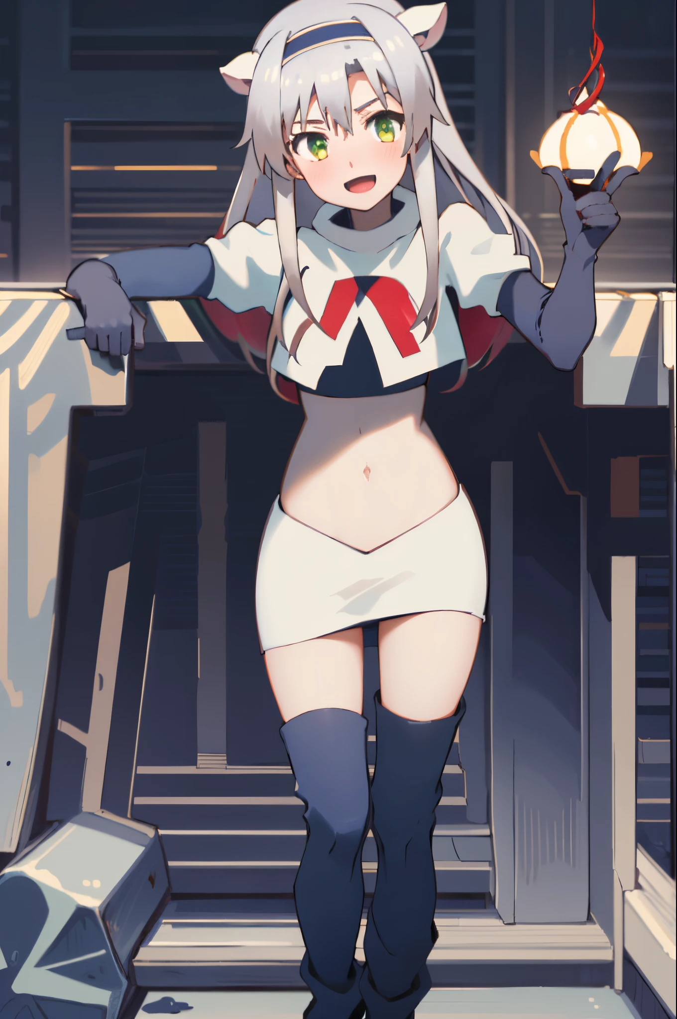 best quality, (masterpiece:1.2), detailed, medieval,
Sistine Fibel,
1girl, solo, open mouth, light smile, blush,
long hair, grey hair, green eyes, blue hairband, animal ears,
team rocket,team rocket uniform,white skirt,crop top,red letter R,black thigh-high boots,black elbow gloves,