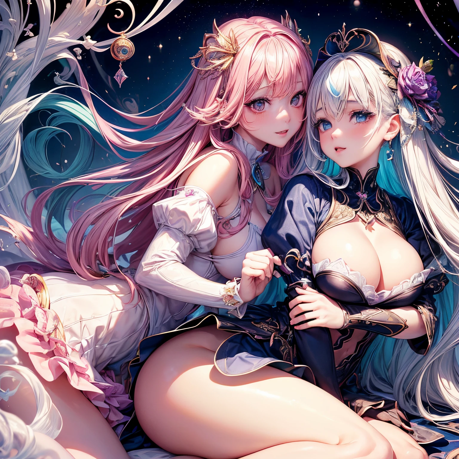 (Beautiful detailed eyes,Beautiful detailed lips,extremely detailed eye and face,longeyelashes,Cute girl in alchemy costume,Cute uniform,miniskirt laugh out loud,attractive girl,Best Quality,busty,masutepiece:1.2,stunning figure,Erotically cute,Ultra-high resolution,Gorgeous girl,Lovely girl,Multi-colored hair,Relaxation Socks,High resolution,gorgeous eyes,Perfect beauty) (​masterpiece、top-quality、top-quality、official anime style++、Beautifully Aesthetic:1.2)、(２girl with:1.3)、(Fractal Art:1.3)、The upper part of the body、From Side、looking at the viewers、patterns、(rainbow-colored hair、colourful hair、Half white and half pink hair:1.2)、((A detailed４This refers to、Thumb joint details))、Eau、gases、云、colourfull、Deep kissing、I'm、violate、Detailed panties