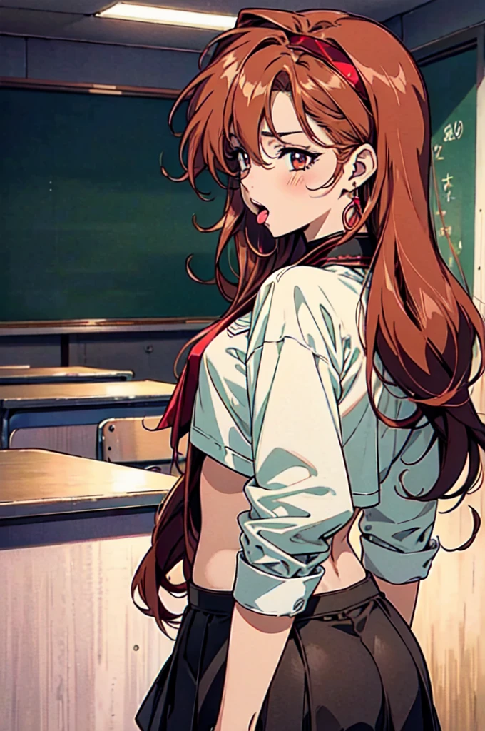 "(masterpiece:1.1), best quality, NSFW, (loli:1.2),
1girl, gyaru, (80s anime style:1.4),
(red hair:1.1),
(hair between eyes:1.1), (long hair, straight hair:1.1),
brown eyes, (red lip stick, eye shadow:1.1),
(tan skin:1.1), (small breasts:1.1),
(naughty face:1.2), (open mouth, tongue out, blush:1.2),
(school uniform, skirt, midriff peek:1.1),
spiked, fishnet tights, long gloves, earrings, collar, headband,
standing, looking back,
upper body, (back view, ass focus:1.2),
(daytime, classroom:1.2)"
