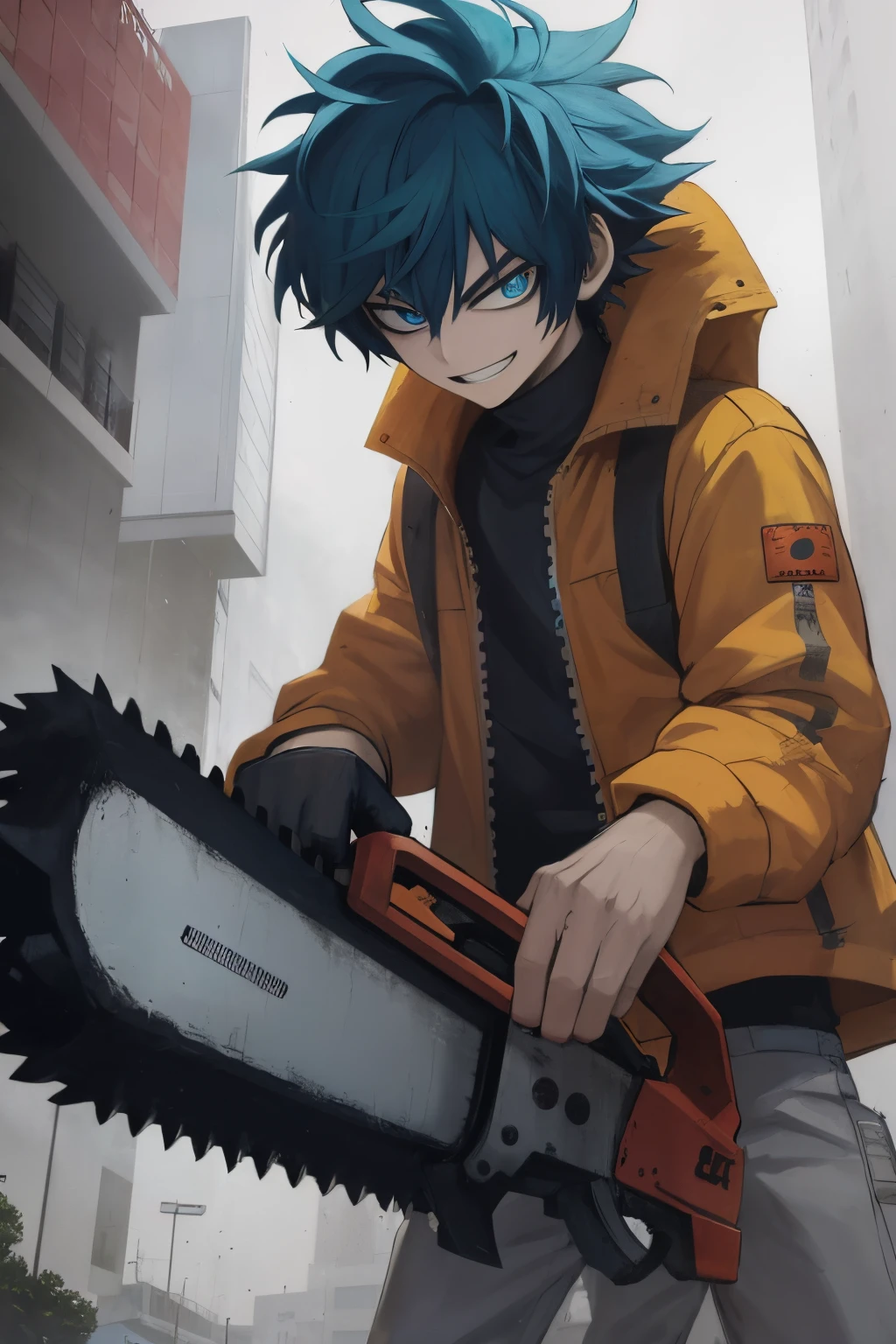 anime guy with chainsaw in his hand in front of a building, blue messy haircut, sorrindo, badass anime 8 k, olhos azuis