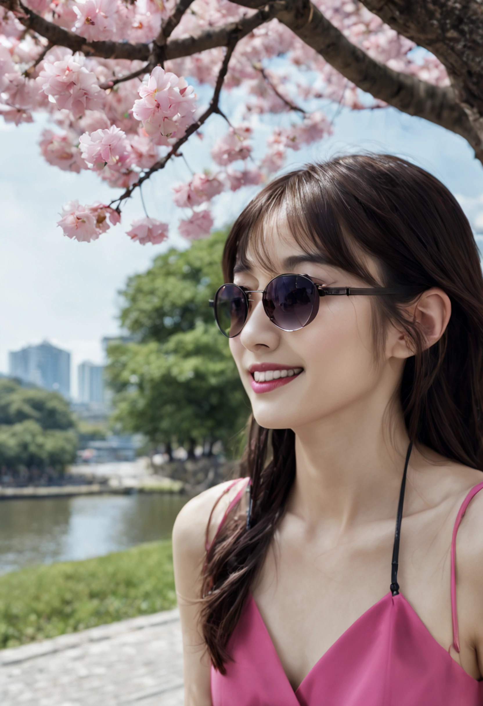 （masterpaintings，Melhor Quoridade），Riverside，There are many tall buildings across the river，profundidade de campo，perfect  lighting，light particles，（Melhor Quoridade），（masterpaintings），（hiper detalhado），foco nítido，light particles，a beautiful Chinese woman standing in a cherry blossom field with a sun hat and wearing pink halter dress, longos cabelos castanhos ondulados, wearing sunglasses, alto e magro, Beautiful, sorriso sutil, Olhando_em_espreitando o espectador，sorrir，sozinho，open sky_Clothes，Arms back，standingn, e de corpo inteiro，Japanese style costume，raio de sol，The tree，De boca aberta，Arms back，cabelos azuis，orelhas brancas，fuchsia eyes
