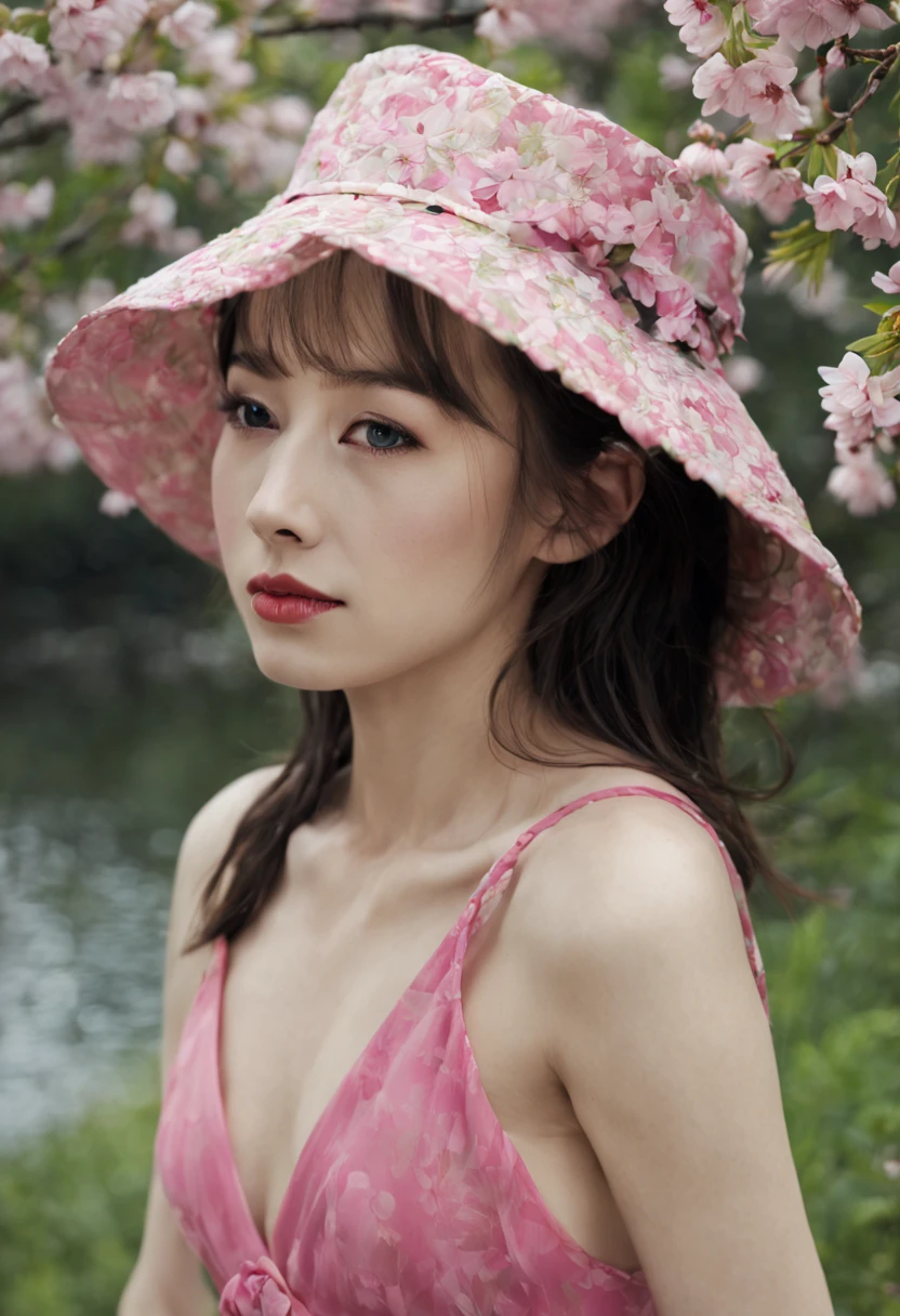 (masterpaintings,Melhor Quoridade),Riverside,There are many tall buildings across the river,profundidade de campo,perfect lighting,light particles,(Melhor Quoridade),(masterpaintings),(hiper detalhado),foco nítido,light particles,a beautiful Chinese woman standing in a cherry blossom field with a sun hat and wearing pink halter dress, longos cabelos castanhos ondulados, wearing sunglasses, alto e magro, Beautiful, sorriso sutil, Olhando_em_espreitando o espectador,sorrir,sozinho,open sky_Clothes,Arms back,standingn, e de corpo inteiro,Japanese style costume,raio de sol,The tree,De boca aberta,Arms back,cabelos azuis,orelhas brancas,fuchsia eyes