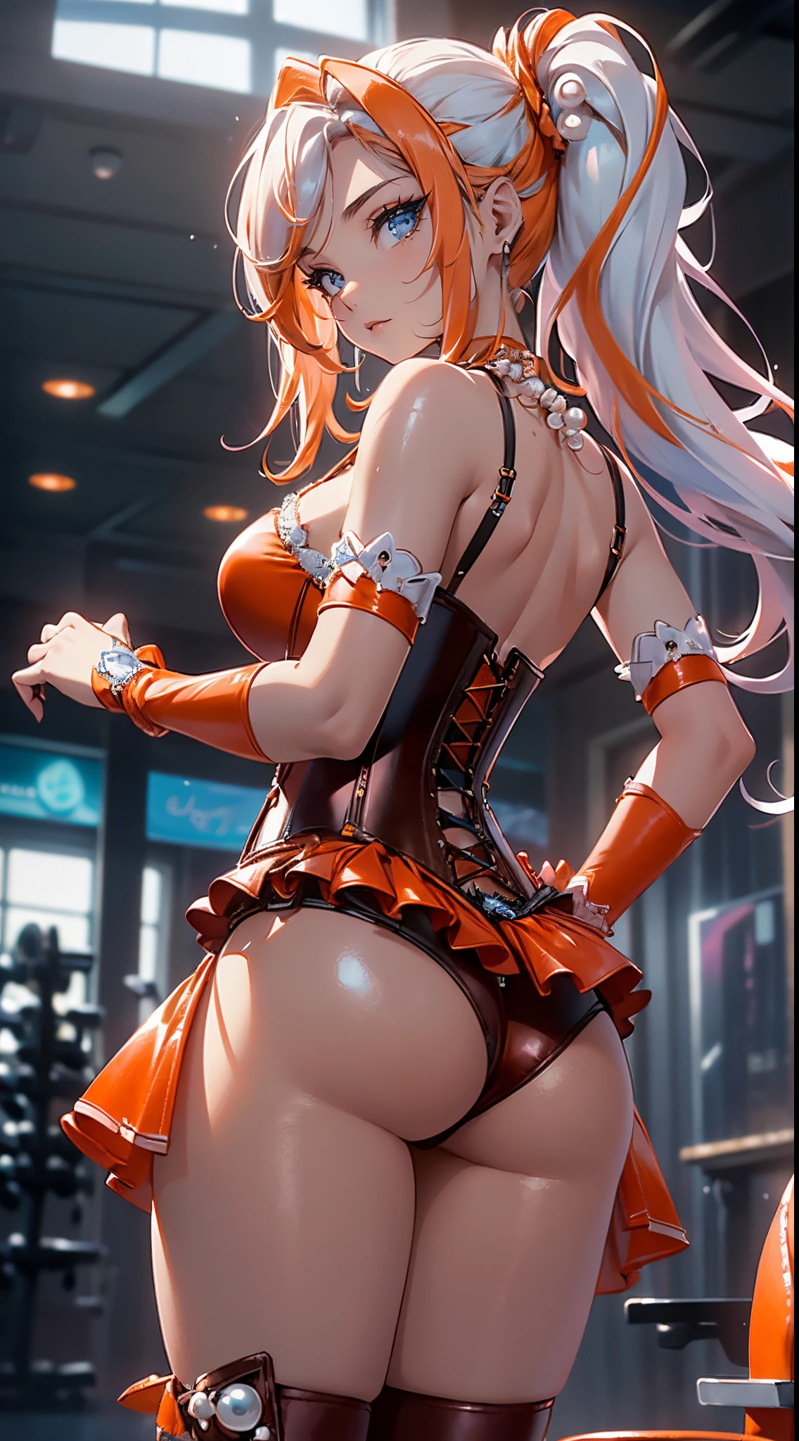 rear view, backside view,mejor calidad，tmasterpiece，ultimate resolution，Suave，extremadamente colorido，De color，Princesa sirena，(pearl orange leather corset:1.4)，Medias de tirantes negras，Starrysky Android!,More detailed 8K.motor irreal:1.4,UHD,La mejor calidad:1.4, fotorrealista:1.4, textura de la piel:1.4, obra maestra:1.8,obra-prima, mejor calidad,objeto Objeto], (detailed face features:1.3),(dentro de un gimnasio azul:1.4),(cabello rosado largo:1.4),（Beautiful and detailed eye description）,(manos detailed:1.4), (white ropa deportiva:1.4), Ultra-detallado,ojos detailed,(orange silk bra ＆Pantiy:1.4),Casa de panty transparente、( Sexy corset in orange:1.4)., Medio, (Botas largas de cuero blanco:1.4), Lace decoration,