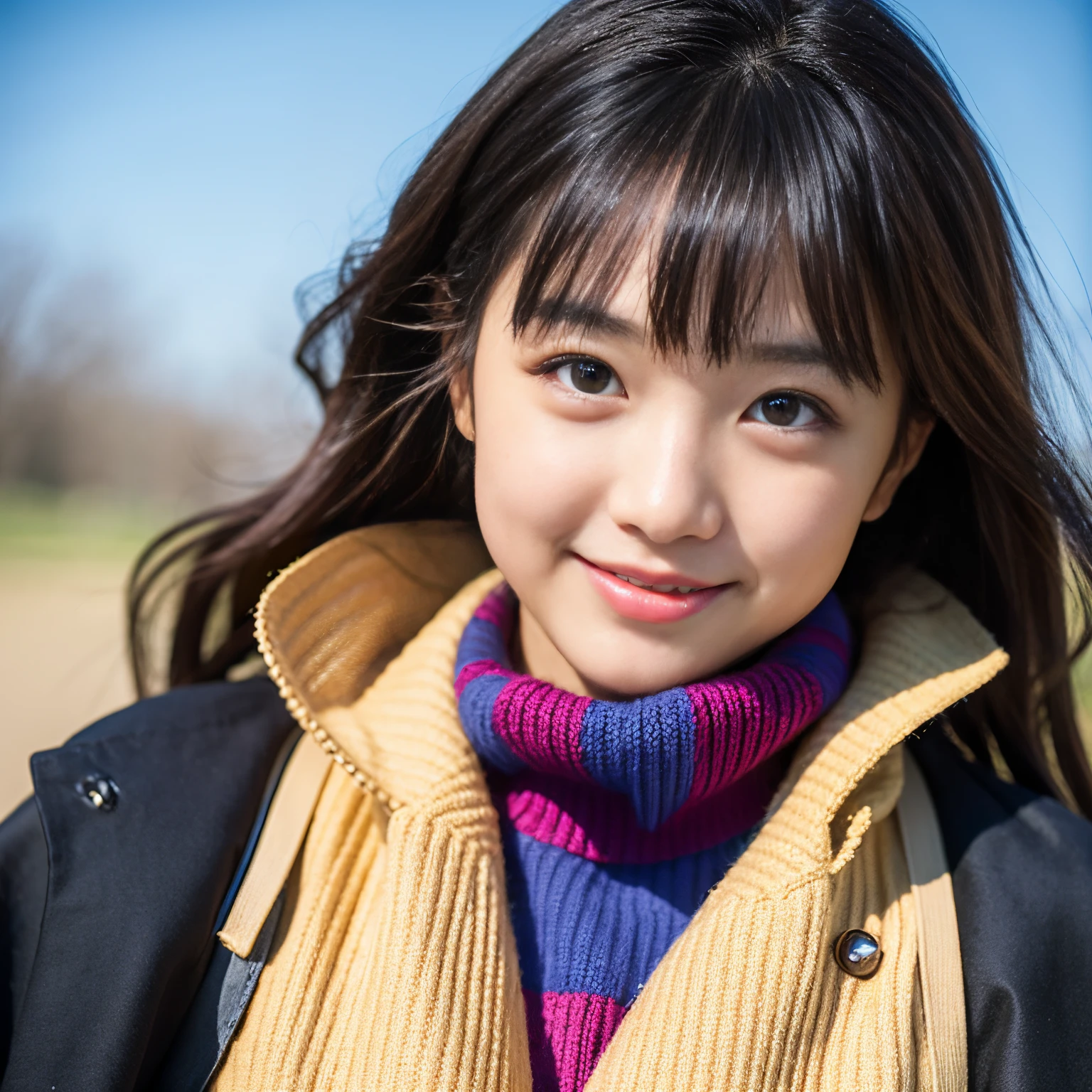 Best-quality, Masterpiece, Ultra-High-Resolution, (Photorealistic:1.4), Raw-Photo, Extremely-Details, Perfect-Anatomy, 1girl, the most famous Japanese model, portrait, looking at viewer, beautiful smile, wearing only trench coat and colorful knit-dress with cute design, detailed extremely beautiful face like a most popular Japanese model, detailed extremely beautiful big black solid circle eyes, detailed extremely beautiful hair, detailed extremely beautiful realistic skins, detailed trench coat, detailed colorful knit-dress with cute design
