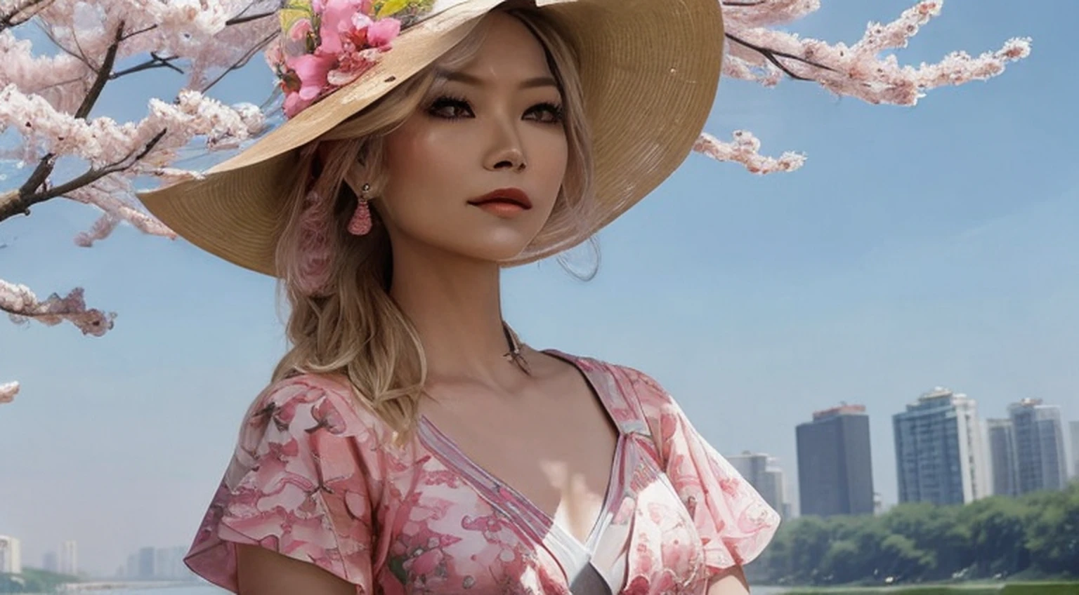 (masterpaintings,Melhor Quoridade),Riverside,There are many tall buildings across the river,profundidade de campo,perfect lighting,light particles,(Melhor Quoridade),(masterpaintings),(hiper detalhado),foco nítido,light particles,a beautiful Chinese woman standing in a cherry blossom field with a sun hat and wearing pink halter dress, longos cabelos castanhos ondulados, wearing sunglasses, alto e magro, Beautiful, sorriso sutil, Olhando_em_espreitando o espectador,sorrir,sozinho,open sky_Clothes,Arms back,standingn, e de corpo inteiro,Japanese style costume,raio de sol,The tree,De boca aberta,Arms back,cabelos azuis,orelhas brancas,fuchsia eyes