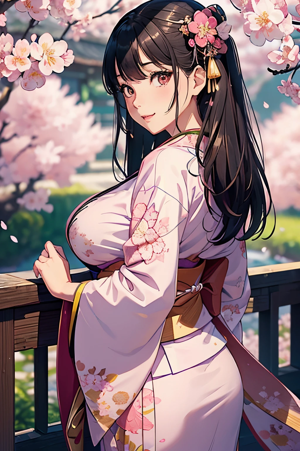 masterpiece、high-level image quality、photographrealistic、a beauty girl、silber hair、Black eyes、Glossy red kimono、Japanese garden、Shiny hair、Longhaire、huge tit、Upper body shots、The wind is blowing naked tits hanging out