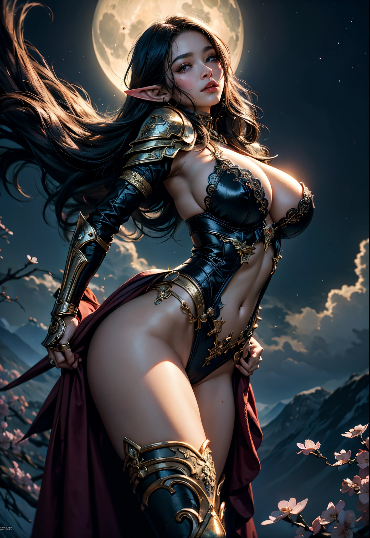 PERFECT MASTERPIECE, PROFESSIONAL AWARD-WINNING PORTRAIT, EXTREMELY DETAILED CG UNITY 8K UHD QUALITY RESOLUTION WALLPAPER, PHOTOREALISTIC, OFFICIAL ART, PROFESSIONAL CINEMATIC LIGHTING, PROFESSIONAL FILM QUALITY, COSMIC, ATMOSPHERIC, AESTHETIC, ENCHANTING, the most beautiful and sexy elf warrior goddess, long black hair, vibrant moonlight eyes, long detailed eyelashes, blushing, alluring and seductive facial expression, wearing highly detailed sexy hooded battle armor, super huge enormously gigantic tits, cleavage showing, curvy, full hips, gigantic tits bursting out of her clothing, tons of tattoos and piercings, in a sexy seductive enchanting alluring pose, bending over arching her back, looking back at the viewer, her butt facing the viewer, close up pov camera view from below, cherry blossoms and butterflies blowing in the wind, enchanted cosmic aesthetic atmospheric background