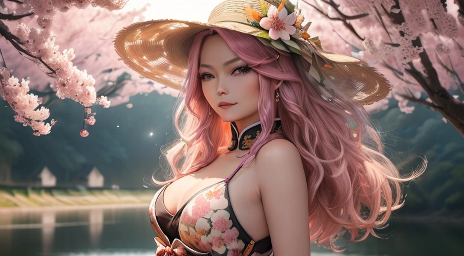 (masterpaintings,Melhor Quoridade),Riverside,There are many tall buildings across the river,profundidade de campo,perfect lighting,light particles,(Melhor Quoridade),(masterpaintings),(hiper detalhado),foco nítido,light particles,a beautiful Chinese woman standing in a cherry blossom field with a sun hat and wearing pink halter dress, longos cabelos castanhos ondulados, wearing sunglasses, alto e magro, Beautiful, sorriso sutil, Olhando_em_espreitando o espectador,sorrir,sozinho,open sky_Clothes,Arms back,standingn, e de corpo inteiro,Japanese style costume,raio de sol,The tree,De boca aberta,Arms back,cabelos azuis,orelhas brancas,fuchsia eyes
