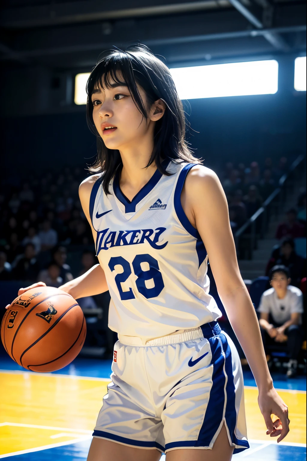 (8k、top-quality、masterpiece:1.2)、(realisitic、Photorealsitic:1.37)、ultra-detailliert、top-quality、超A high resolution、professionally lit、Photon Mapping、Radio City、physically-based renderingt、Cinematic Lighting、Basketball court,depth of fields,Focusing,Sun'rays,Good composition,(Bokeh:1.2),女の子1人,(full bodyesbian),(Keep your mouth shut),Beautiful eyes,the pose,Constriction,Basketball Uniforms,A dark-haired,Unkempt hair,Long black hair fluttering in the wind