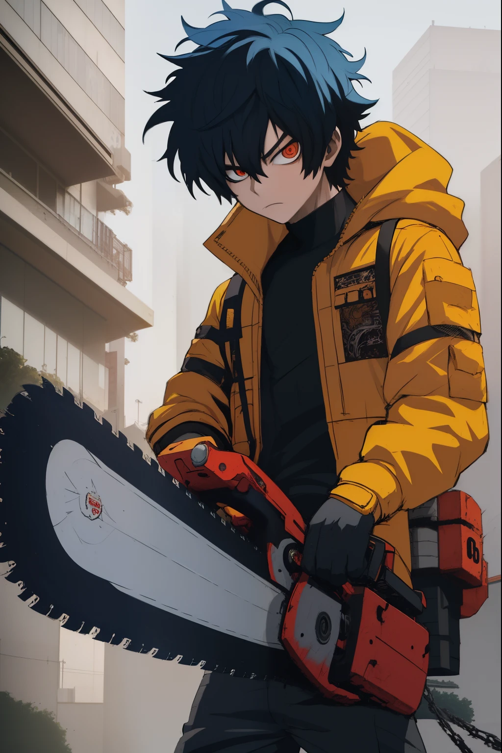 anime guy with chainsaw in his hand in front of a building, blue messy haircut, badass anime 8 k, chain saw man, Akira Estilo de Arte, sorrindo, No estilo Sachin Teng, Epic anime style, akira style illustration, Estilo anime 4K, Melhor Anime 4K Konachan Wallpaper, Sem estilo Akira, Sachin Teng, arte traficional do anime, Art not Guweiz style