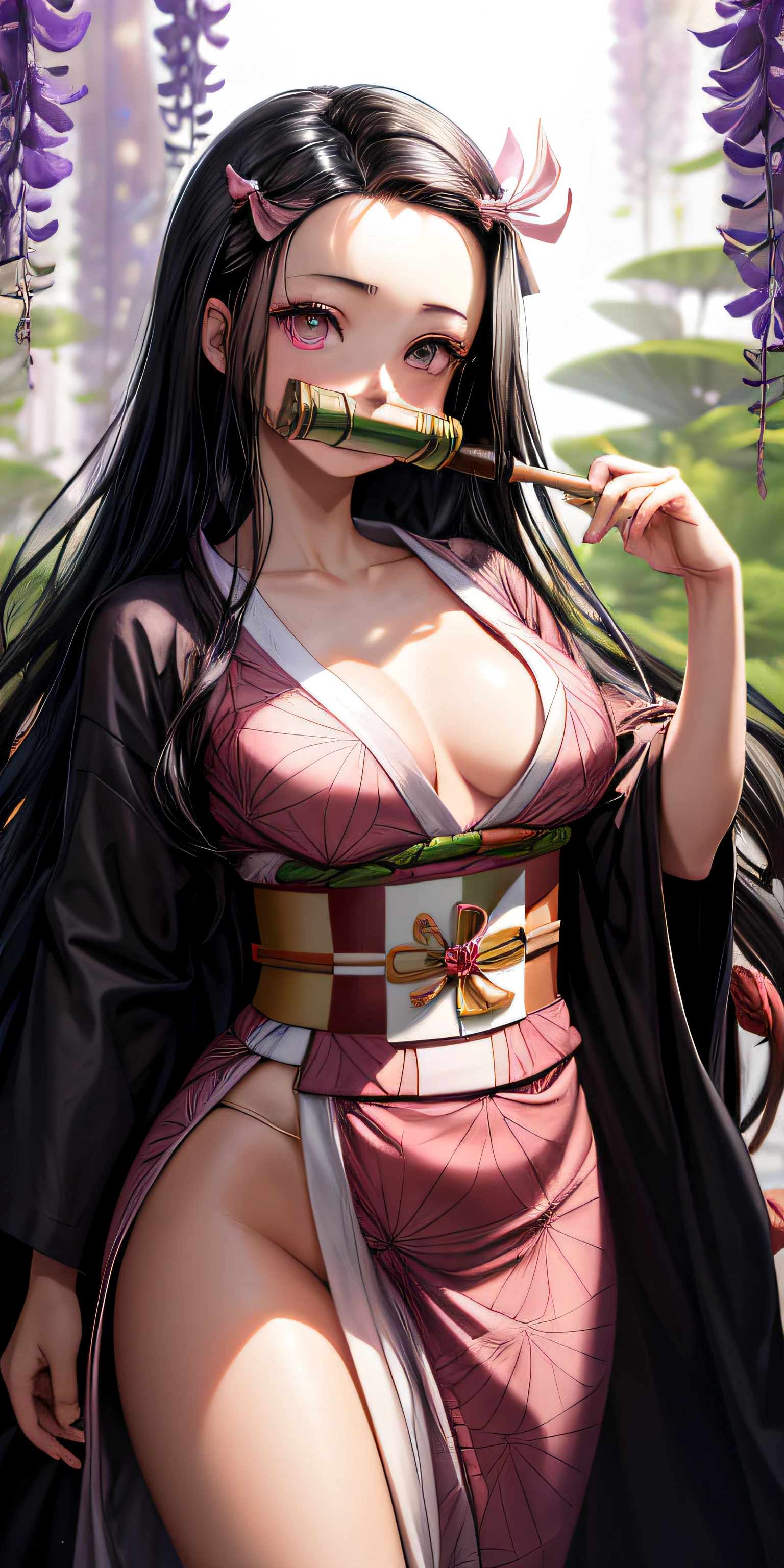 masterpiece, (pink kimono), seductive face, good lighting, décolleté, fine details, masterpiece, glowing eyes, 1girl, black hair, gag, bamboo, Nezuko Kamado, wisteria background, masterpiece, best quality, POV, whole body, wide hips,