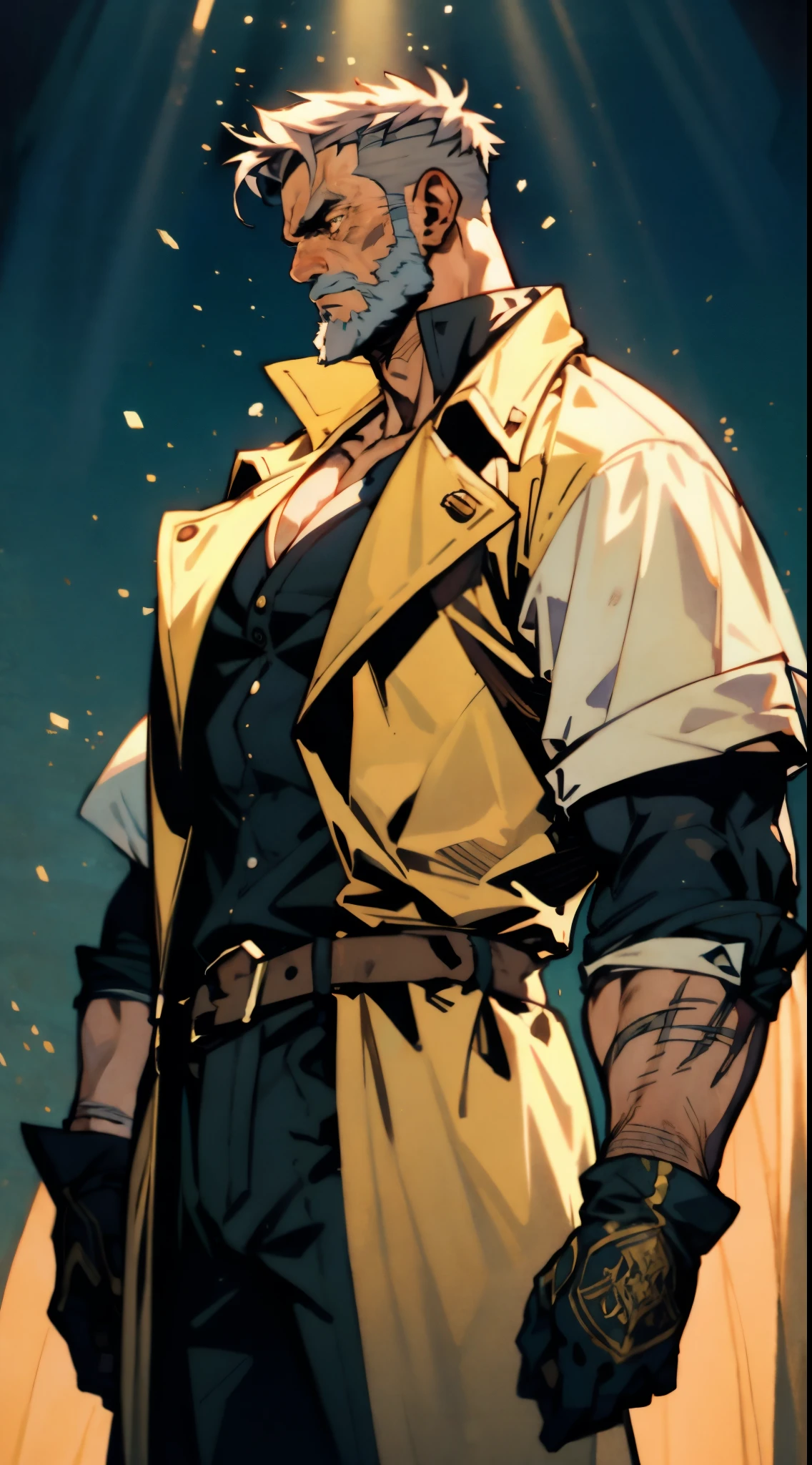 A middle-aged man, 50 years old, medium-length long gray hair, hairstyle in a disheveled spiky manner, sorrowful gaze, well-defined facial features, a full beard, a tall and muscular physique, a simple two-piece fantasy-realism style outfit, a snug light yellow undershirt, a sleeveless long trench coat, long gloves, coarse cloth trousers, bowing his head in repentance on a grim battlefield, this character embodies a finely crafted fantasy-realistic martial arts in anime style, exquisite and mature manga art style, high definition, best quality, highres, ultra-detailed, ultra-fine painting, extremely delicate, professional, anatomically correct, symmetrical face, extremely detailed eyes and face, high quality eyes, creativity, RAW photo, UHD, 8k, Natural light, cinematic lighting, masterpiece-anatomy-perfect, masterpiece:1.5
