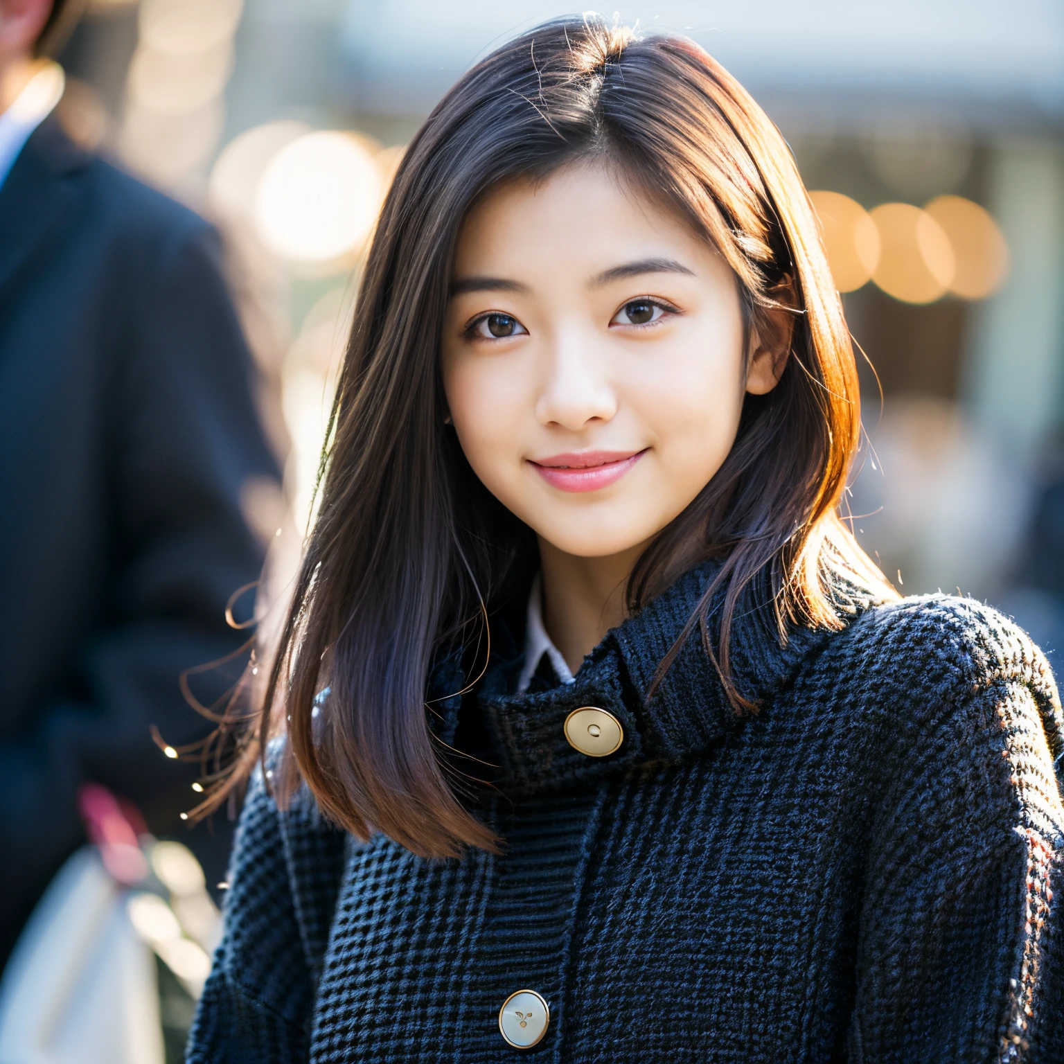 Best-quality, Masterpiece, Ultra-High-Resolution, (Photorealistic:1.4), Raw-Photo, Extremely-Details, Perfect-Anatomy, 1girl, the most famous Japanese model, portrait, looking at viewer, beautiful smile, wearing only trench coat and colorful knit-dress with cute design, detailed extremely beautiful face like a most popular Japanese model, detailed extremely beautiful big black solid circle eyes, detailed extremely beautiful hair, detailed extremely beautiful realistic skins, detailed trench coat, detailed colorful knit-dress with cute design
