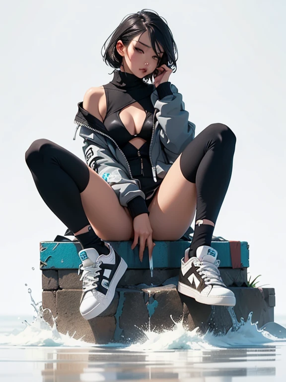 (sneakers only),cosmetics, mascara, Lips that are soft or tinted, Simple black background, Maximalism, monotone, simple color palette, Clean, sea beach, fluid profile, NSFW, barechested, new, Asymmetrical, Geometric, Sexy materials and design, simple, Minimal accessories, Differentiated design, Simple silhouette, Simple and erotic style, Suggestive, Maximalism, High quality materials, Fresh urban print, Simple and complex, Alone,, full bodyesbian, Sexy white stockings, feet sneakers, Seated, Wet with,droid,Cyborg,Android,((metal sneakers)),Black socks