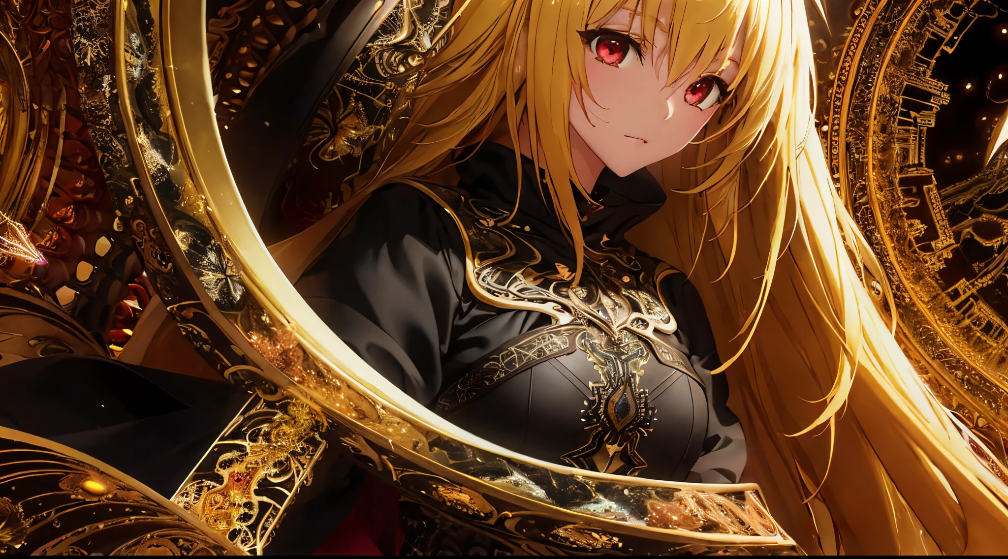 Yami the Golden Darkness, Long yellow hair, intricate black dress, cute red eyes, (masterpiece, top quality, best quality, official art, beautiful and aesthetic:1.2), (1girl), extreme detailed,(fractal art:1.3),colorful,highest detailed