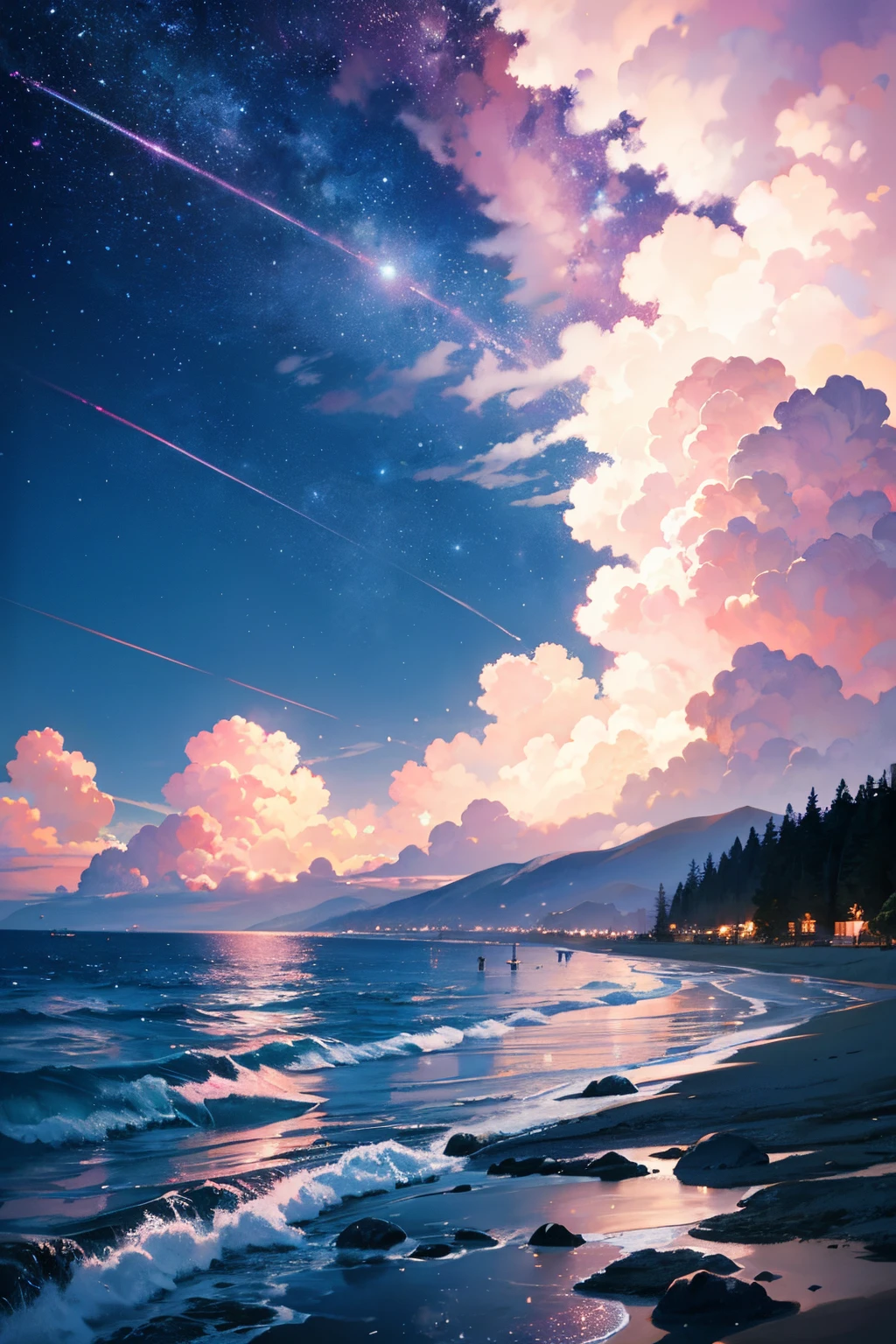 masterpiece, best quality, night sky, clouds, bright color, stars (sky), sea, photorealistic