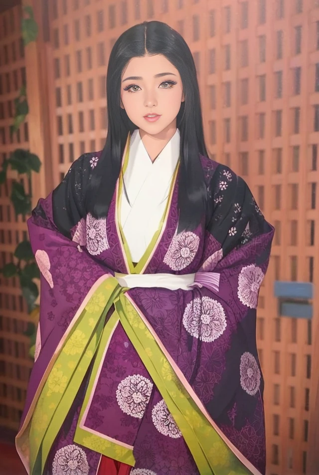 Ilusteacion de mujer con un kimono morado con capas verdes, Usando kimono de capas, en kimono, Vestimenta tradicional, genji monogarari, era heian, heian, traditional Japanese, From the Heian period, gran calidad, mejor calidad, obra maestra, rostro delicado, rostro hermoso, proporciones ideales, buena anatomia, ojos almendrados, ojos simetricos, ojos son iguales, ojos son hermosos, ojos azules, labios delicados, labios detallados, labios rosa, labios regordetes, cejas delicadas, cabello muy negro, cabello largo, corte de princesa japonesa, cabello envuelve los hombros, dos mechones de cabello al lado del rostro, cabello liso, cuerpo perfecto, cuerpo femenino, dream lighting, iluminacion hermosa, fondo detallado, hd, ultra hd, 8k, high-definition wallpaper