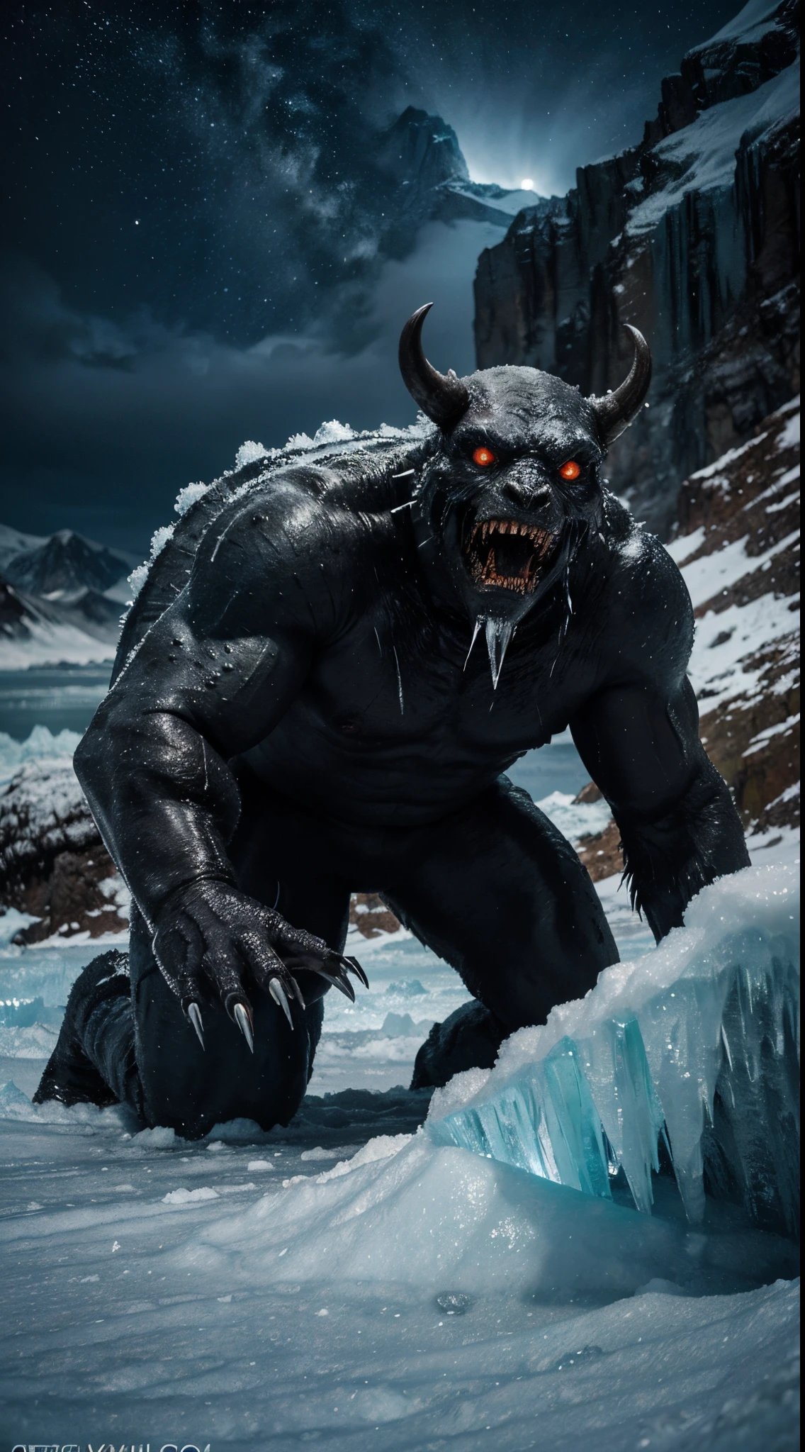 best quality,4k,8k,highres,masterpiece:1.2),ultra-detailed,realistic,Monstruo de la antartida,ice creature,scary,horror,massive,beast,giant,sinister,spiky skin,frozen environment,towering glacier,mysterious,icy breath,glistening ice crystals,menacing presence,dark shadows,frigid temperatures,desolate landscape,ominous,huge claws,glowing blue eyes,unsettling howls,arctic storm,vivid colors,terrifying,monstrous silhouette,harsh winds,dangerous,otherworldly,brutal,creature of the ice depths,icy scales,unforgiving wilderness,isolated,treacherous terrain,abominable,icy winds,unseen horrors,ominous rumblings,battle scars,glacier cave,forbidding,dreadful ice monster
