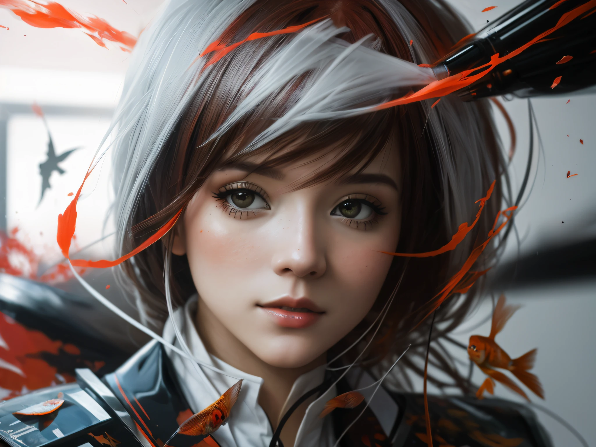 Perfect centralization, Fantastic black-red lightning bolt, deleite, standing up position, Belleza abstracta, centro, Looking at the camera, in front of camera, nearing perfection, dynamic, Altamente detallado, liso, foco nítido, 8k, A high resolution, illustration, arte de Carne Griffiths y Wadim Kashin, Personajes de Goldfish