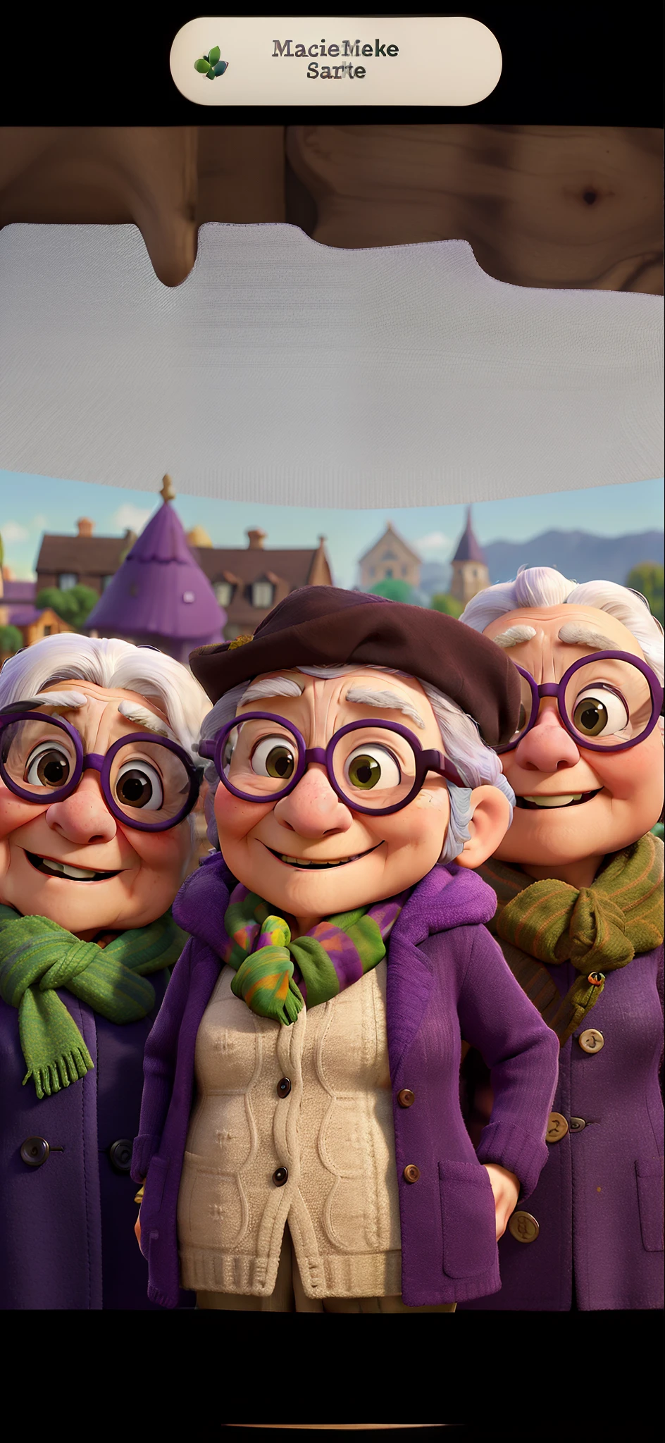 masterpiece, best quality, an old woman with glasses and a scarf on, wearing a purple coat and green scarf, standing at the park