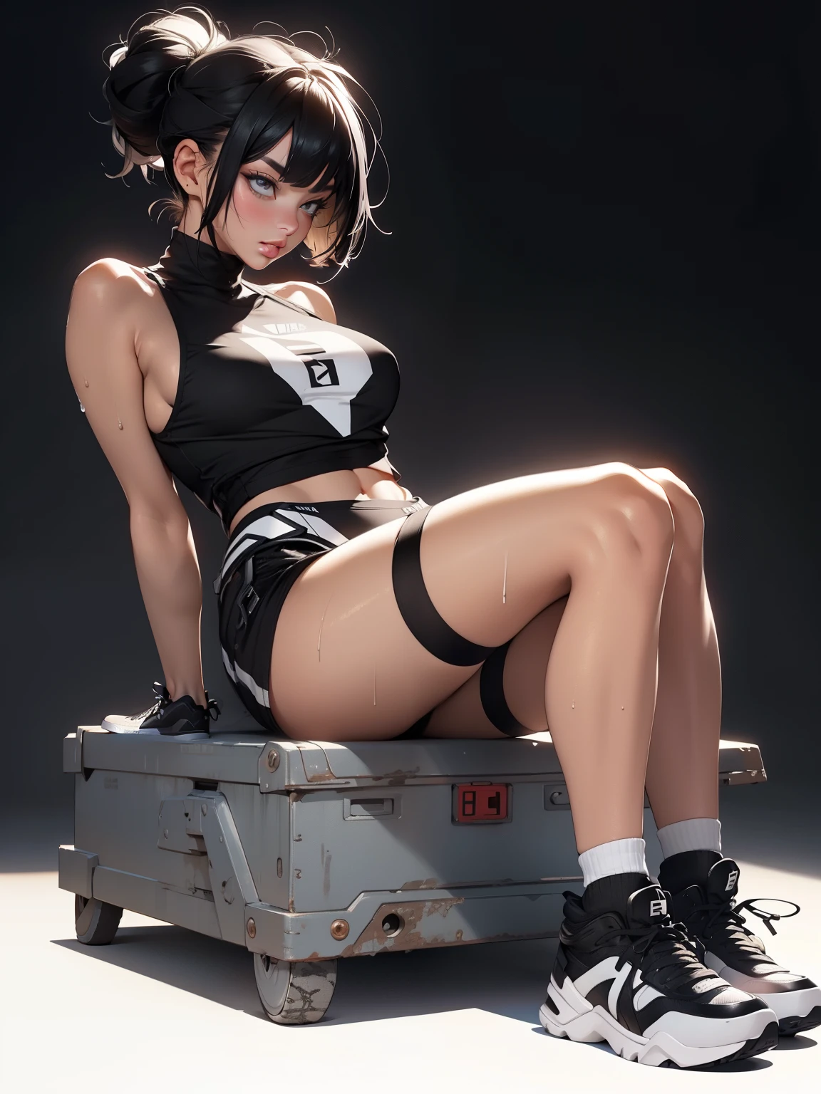 (sneakers only),cosmetics, mascara, Lips that are soft or tinted, Simple black background, Maximalism, monotone, simple color palette, Clean, sea beach, fluid profile, NSFW, barechested, new, Asymmetrical, Geometric, Sexy materials and design, simple, Minimal accessories, Differentiated design, Simple silhouette, Simple and erotic style, Suggestive, Maximalism, High quality materials, Fresh urban print, Simple and complex, Alone,, full bodyesbian, Sexy white stockings, feet sneakers, Seated, Wet with,droid,Cyborg,Android,((metal sneakers)),Black socks