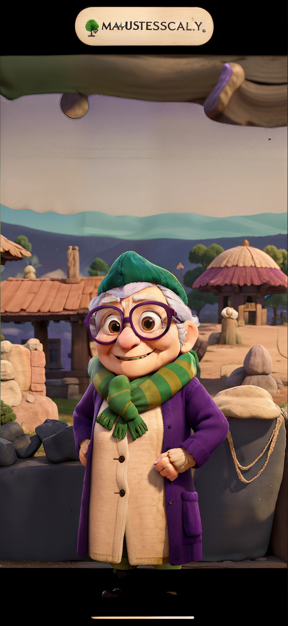 masterpiece, best quality, an old woman with glasses and a scarf on, wearing a purple coat and green scarf, standing at the park