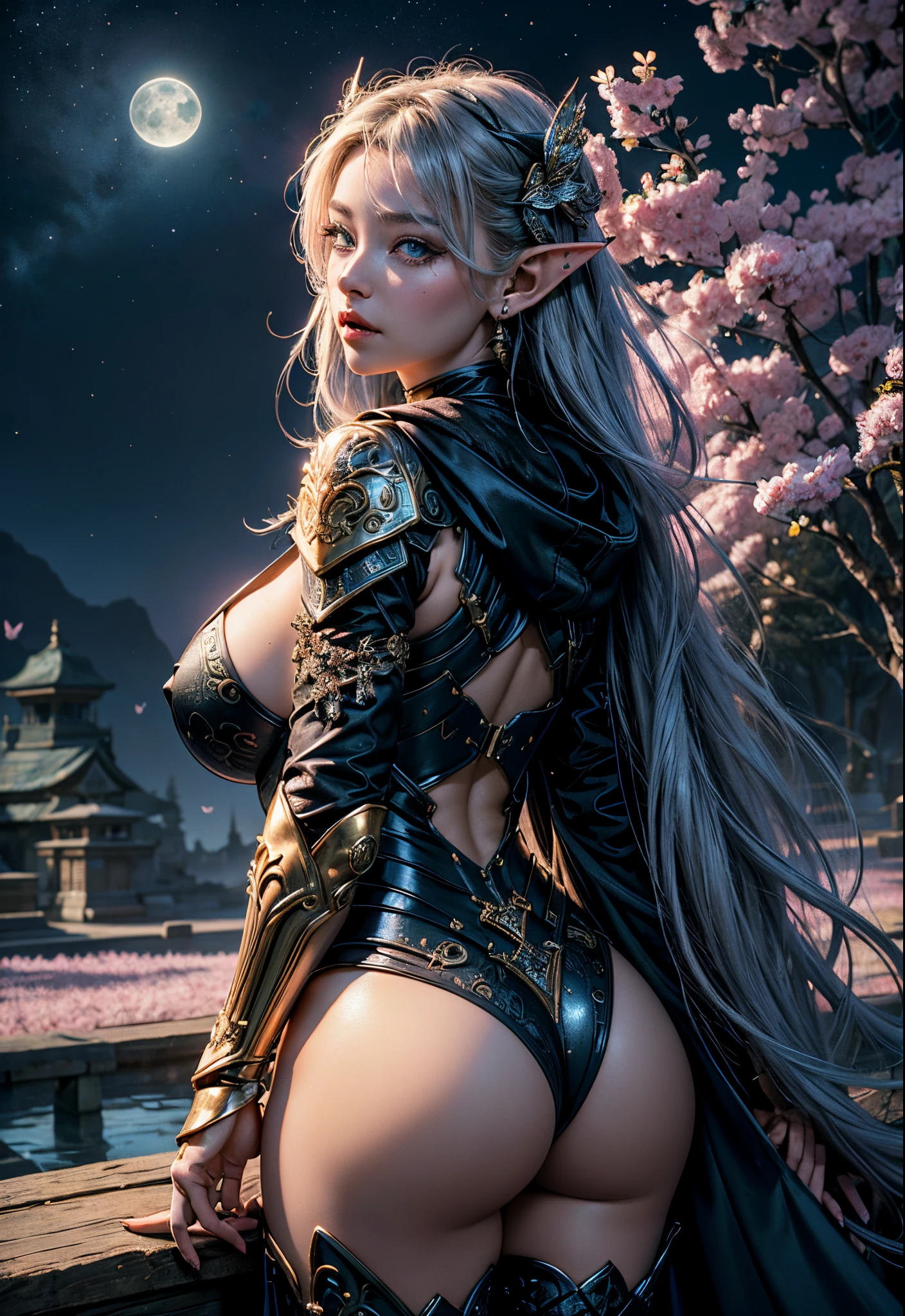 PERFECT MASTERPIECE, PROFESSIONAL AWARD-WINNING PORTRAIT, EXTREMELY DETAILED CG UNITY 8K UHD QUALITY RESOLUTION WALLPAPER, PHOTOREALISTIC, OFFICIAL ART, PROFESSIONAL CINEMATIC LIGHTING, PROFESSIONAL FILM QUALITY, COSMIC, ATMOSPHERIC, AESTHETIC, ENCHANTING, the most beautiful and sexy elf warrior goddess, long blue hair, vibrant moonlight eyes, long detailed eyelashes, blushing, alluring and seductive facial expression, wearing highly detailed sexy hooded battle armor, super huge enormously gigantic tits, cleavage showing, curvy, full hips, gigantic tits bursting out of her clothing, tons of tattoos and piercings, in a sexy seductive enchanting alluring pose, bending over arching her back, looking back at the viewer, her butt facing the viewer, close up pov camera view from below, cherry blossoms and butterflies blowing in the wind, enchanted cosmic aesthetic atmospheric background