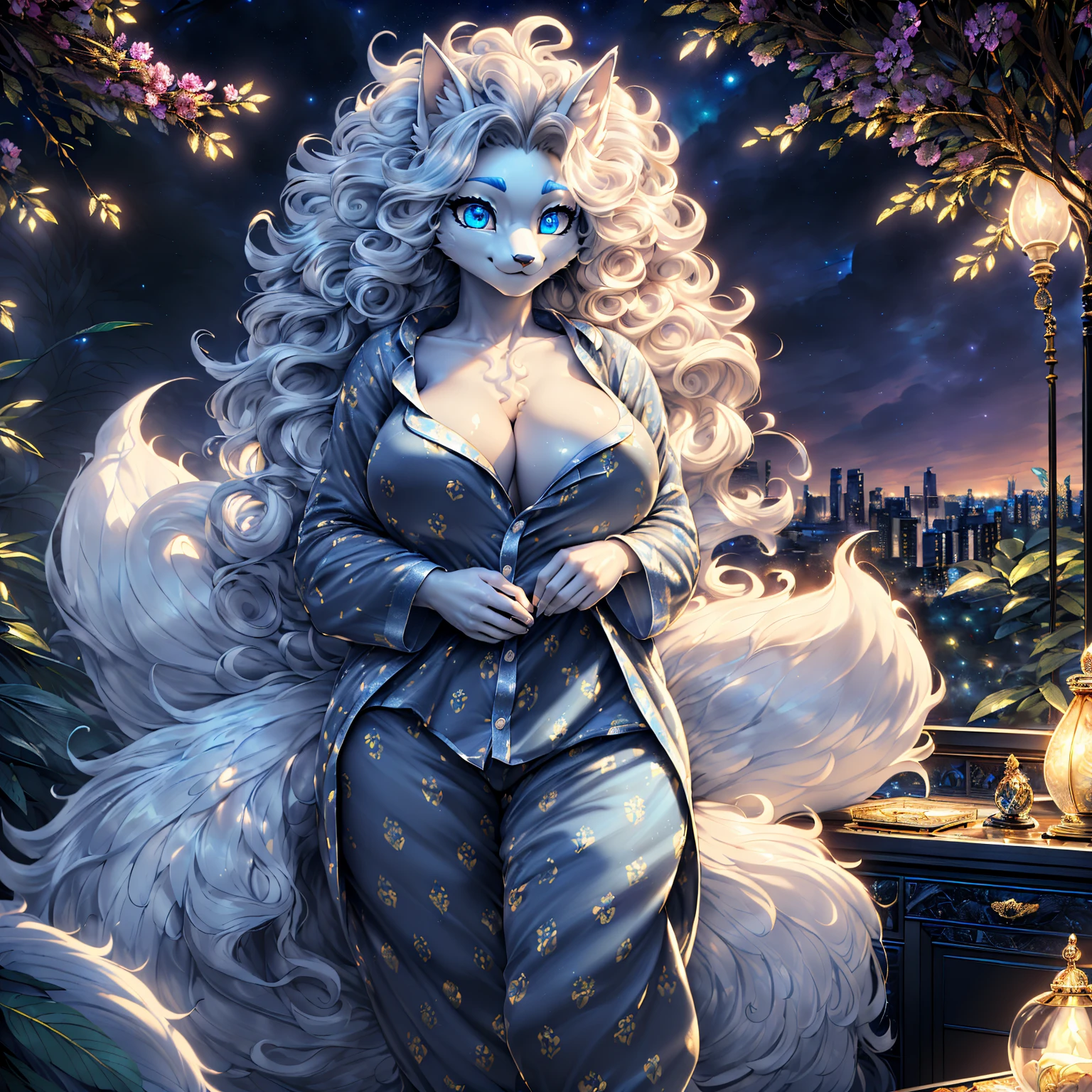 1girl (((Made by Complextree))), (Alolan Ninetales), ((solo)), ((big and firm breasts, antrum, extremely detailed, extremely detailed legs, extremely detailed arms, extremely detailed face, perfectly detailed eyes,perfectly detailed anatomy, Curly hair, Wearing a Pijama , Night  Background Luxury Apartment))