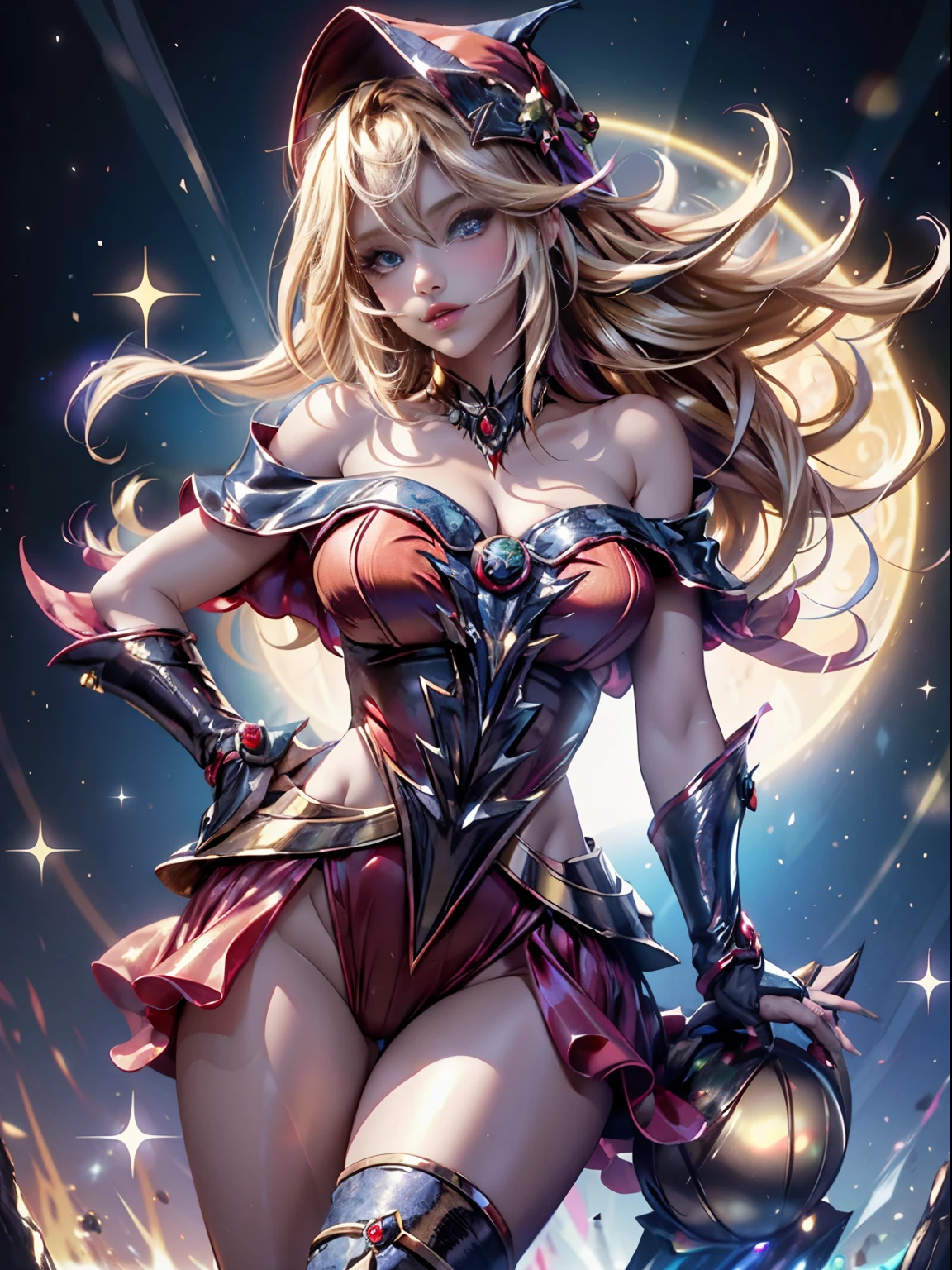 Dark magician gils. Rubia dorada sexy, ojos azules, Cara hermosa, Fit and athletic body, travieso, guarra, Manos perfectas, Manos detalladas, Ojos azules perfectos, ojos detallados, flirty, sexy, tetas grandes y alegres, cuerpo completo, realista, HDR, UHD, dynamic, sentado en el suelo frente a una chimenea, Posando, Santa Claus red dress, christmas tree, botas negras. Pose sejustiva y sensual