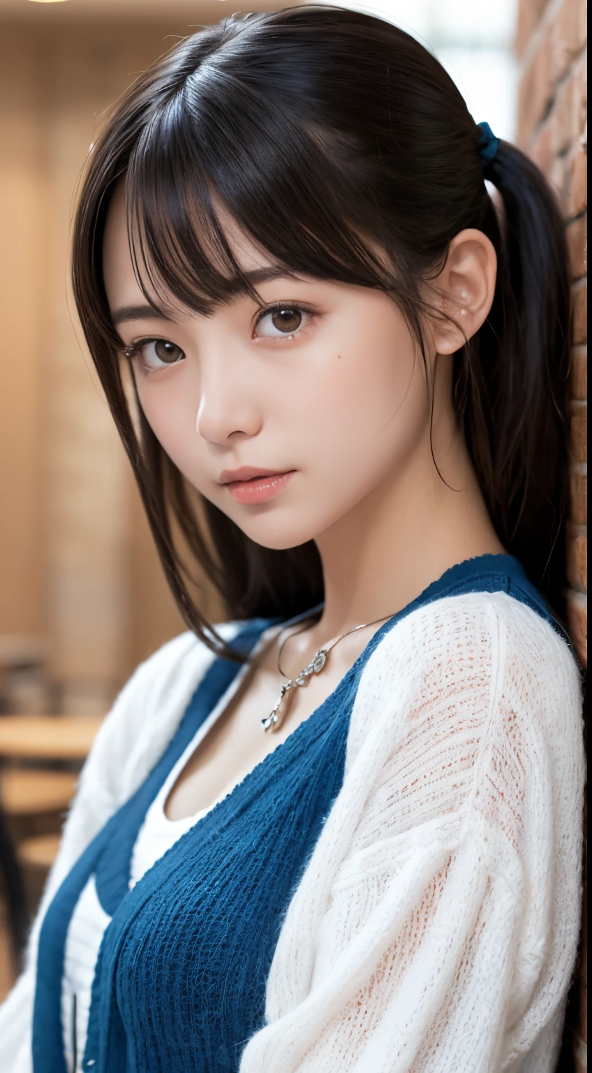 NFSW、masutepiece、masterpiece、1 girl in、(close up of face、cowboy shot)、Straight front view、japanes、very young cute woman、(The cutest girl in the world)、、Smaller face、large full breasts、Autumn knit jacket、Sheer inner、Chiffon skirt、Ultra-detailed costumes、Smiling in a café、Scrunchie、Thin necklace、Glamorous figure、hyper cute face、shiny lip、Double eyelids in both eyes、 natural make up、long eyeslashes、shiny smooth light brown hair、bangss、Short twin tail hair、asymmetrical bangs、image in center、8K分辨率、high détails、Detailed hairstyles、A detailed face、spectacular movie lighting、octane renderings、with a vibrant、Ultra-realistic、Perfect limbs、perfect anatomia
