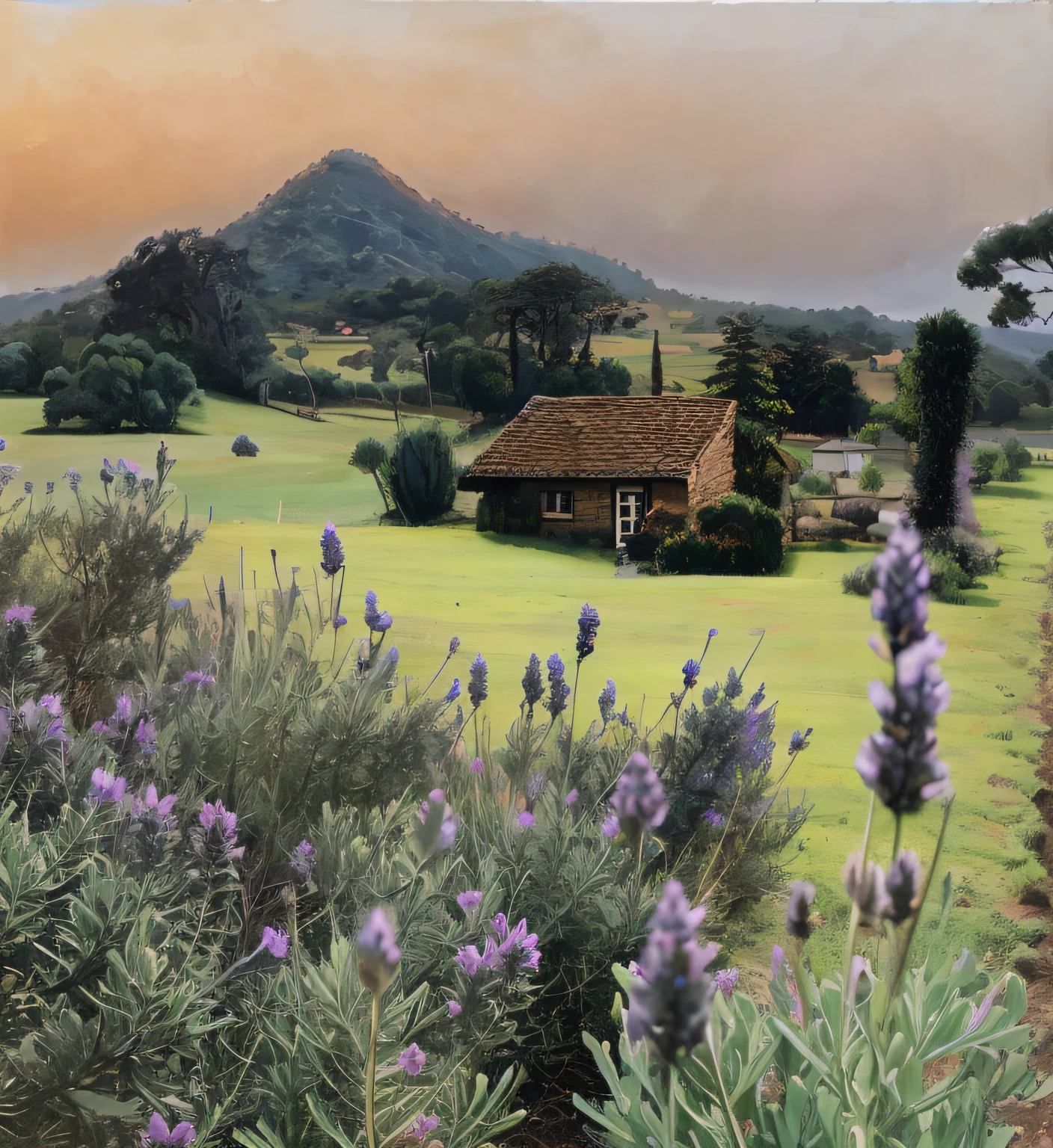 arbustos de lavanda na frente de uma casa com uma montanha ao fundo, idyllic cottage, paisagem pintada, pintura do campo de lavanda, country landscape, in the style of an oilpainting, Rural area, peaceful landscape, paisagem fotorrealista, Pintura Digital HDR, pintado digital, no campo, Campo exuberante, Rancho Hollister, casinha, Twilight ; digital oil painting, paisagem de sonho