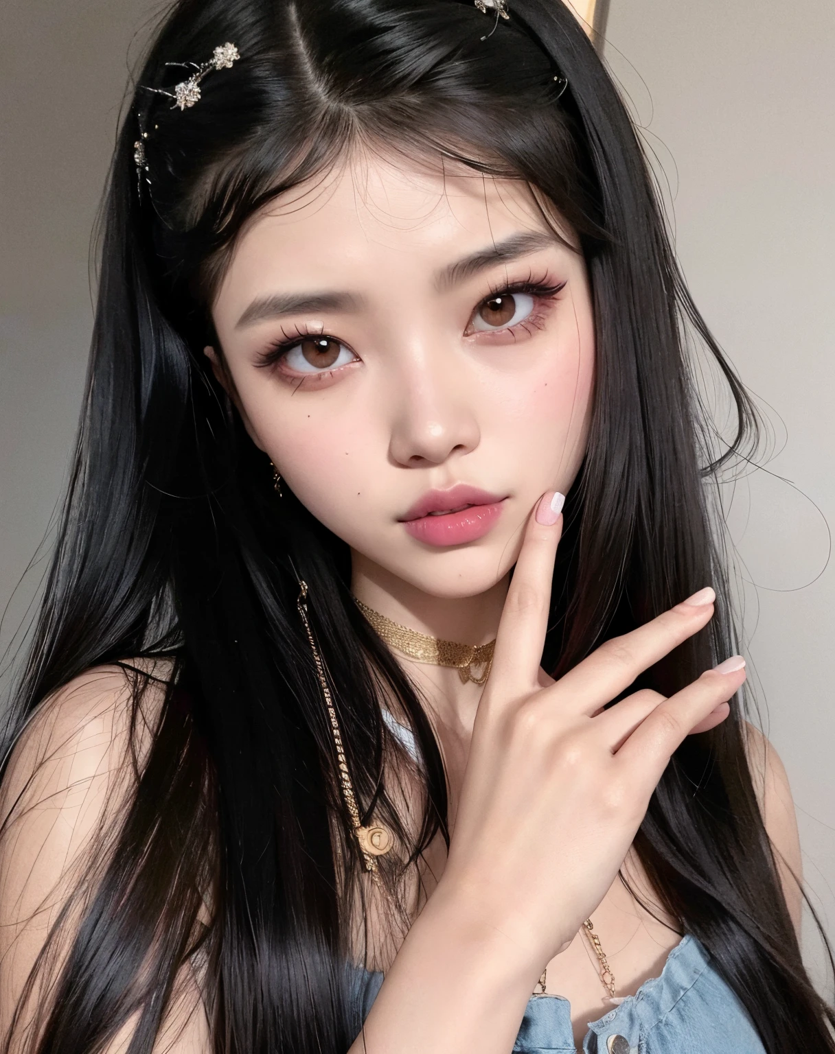 Arafed Asian woman with long black hair and a pink flower in her hair., ulzzang, cruel korean goth girl, Hermosa Delphine, her face looks like an orchid, Chica coreana, maquillaje popular de Corea del Sur, pale porcelain white skin, Chica de anime en la vida real, con cabello largo y ojos penetrantes, pale goth beauty, Retrato realista kawaii