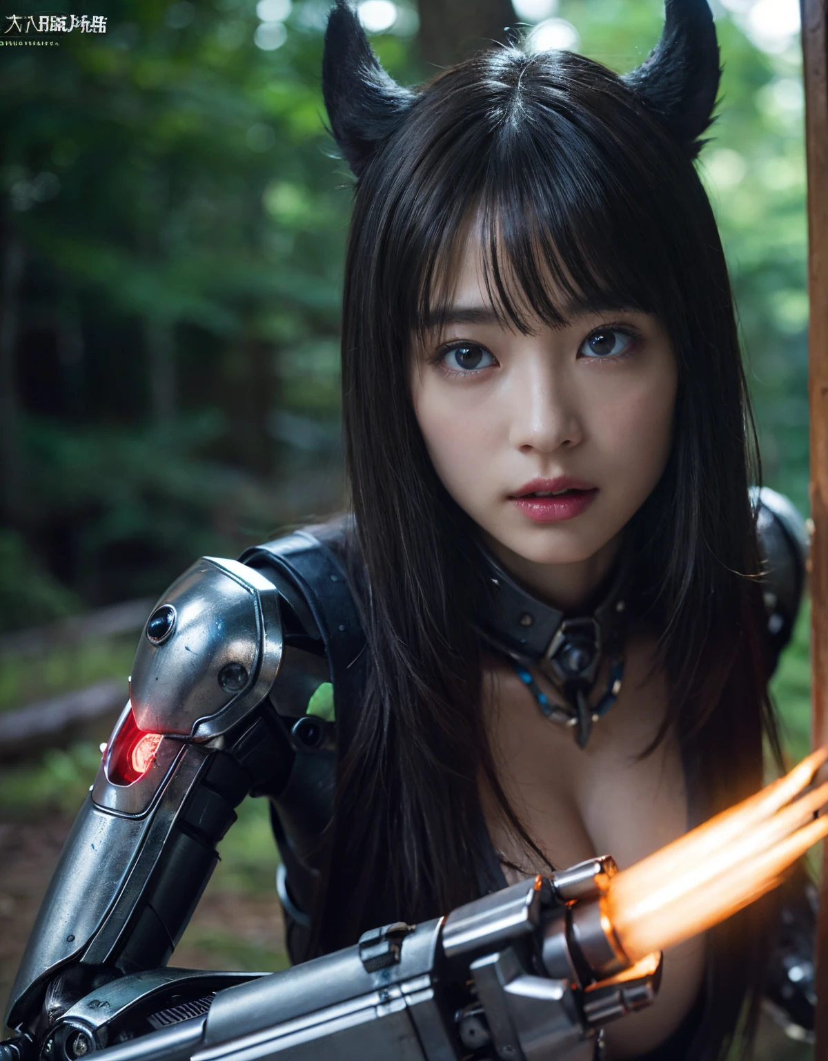 (1 Mechanical Girl)、top-quality、masterpiece、超A high resolution、(Photorealsitic:1.4)、Raw photo、女の子1人、Fight mutants、glowy skin、(((1 Mechanical Girl)))、With a beautiful knife、(Red Metal Bodysuit)、(Fight goblings、ogre、Fierce battle with orcs),(Fight fiercely against aliens)、Fight fiercely、(beautiful forest background)、(Fighting Demonic Beasts)、(Small LED)、((super realistic details))、portlate、(Strong giant demon beast background),globalillumination、Shadow、octan render、8K、ultrasharp、Colossal tits、Raw skin is exposed in cleavage、metals、Details of complex ornaments、Japan details、highly intricate detail、Realistic light、(Mystical expression),CGSoation Trends、Blue eyes、radiant eyes、Facing the camera、neon details、(Mechanical limbs)、(blood vessels connected to tubes)、(Wires and cables connecting to the head)、Small LED、,Mechanical thighs、Toostock、(Hands are also made of machines)、(Attack of the Monster Beasts)、
