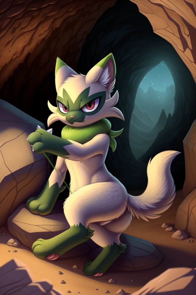 floragato, furry pokemon, cat, string, feet, solo, (body fur:1.2), (best quality), (detailed fluffy fur:1.1), animal hands, tail, female, background of cave, hidden, hidden behind a rock, humidity, rocks, angry, narrowed eyes, day