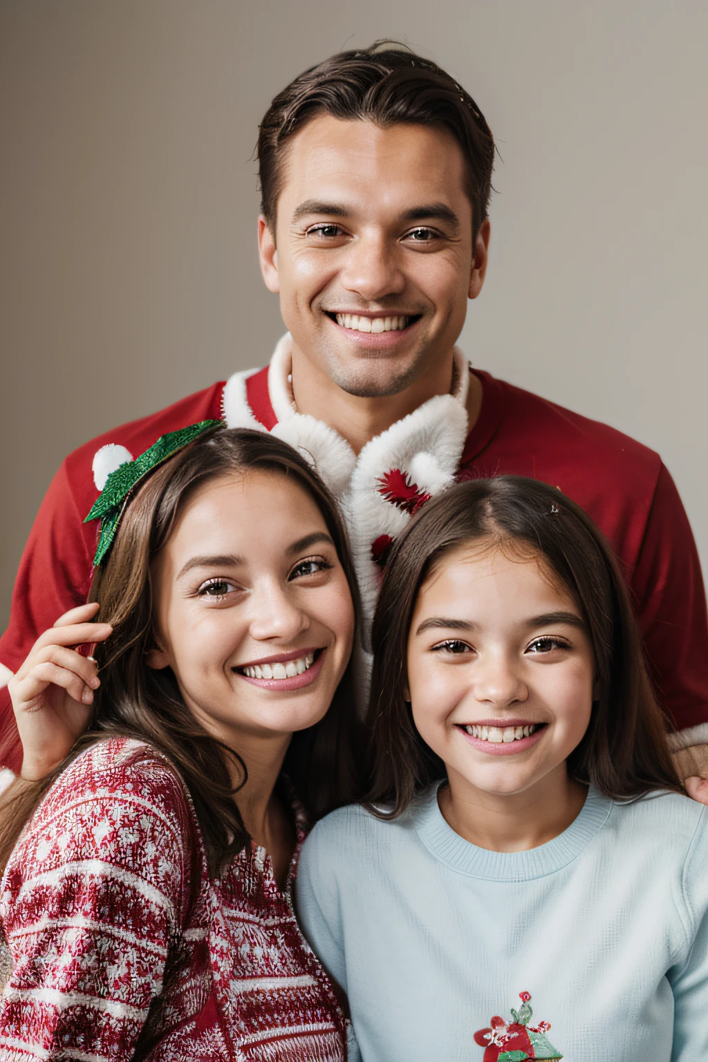 Father, mother and daughter facing the camera,They grin happily,They are wearing Christmas clothes,Electric toothbrush as background image