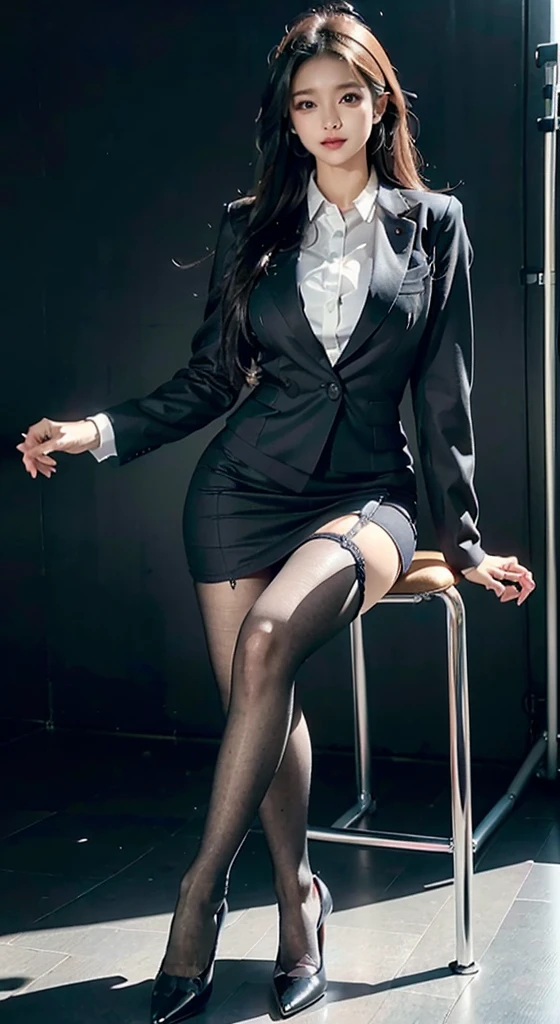 The face is :9,1714884241], High-end elite secretary business shirt, Work from a chair in the office、Wearing a smart business suit, (Wear pantyhose)、(Short and layered hair)、crossed legs, Wear high-quality heels、 (stockings and skirt), Girl in shirt, dressed in a suit, dressed in a suit, dressed in a suit, merchant, Professional Dress, wearing black suits, Wear a shirt and skirt., Woman in a suit, Professional Dress, Professional Dress, RAW photogr, (8K、top-quality、tmasterpiece:1.2)、(exquisite detailing:1.4)、(Light reality:1.4)、Octagon rendering、Complex 3 D rendering, hyper-detailing, Studio soft light (Studio soft light) (Studio soft light, rim-light, vibrant detail, super detailing, realistic skin textures, Detail making, beautidful eyes, High detail CG Unity 16K wallpaper, cosmetic-, (detailedbackground:1.2), clothes open，Bare with thighs!legs crossed，Wear small leather shoes,Lower viewing angle，Full body view of loyal female secretary，Absolutely obedient，Total obedience，Wait for the command