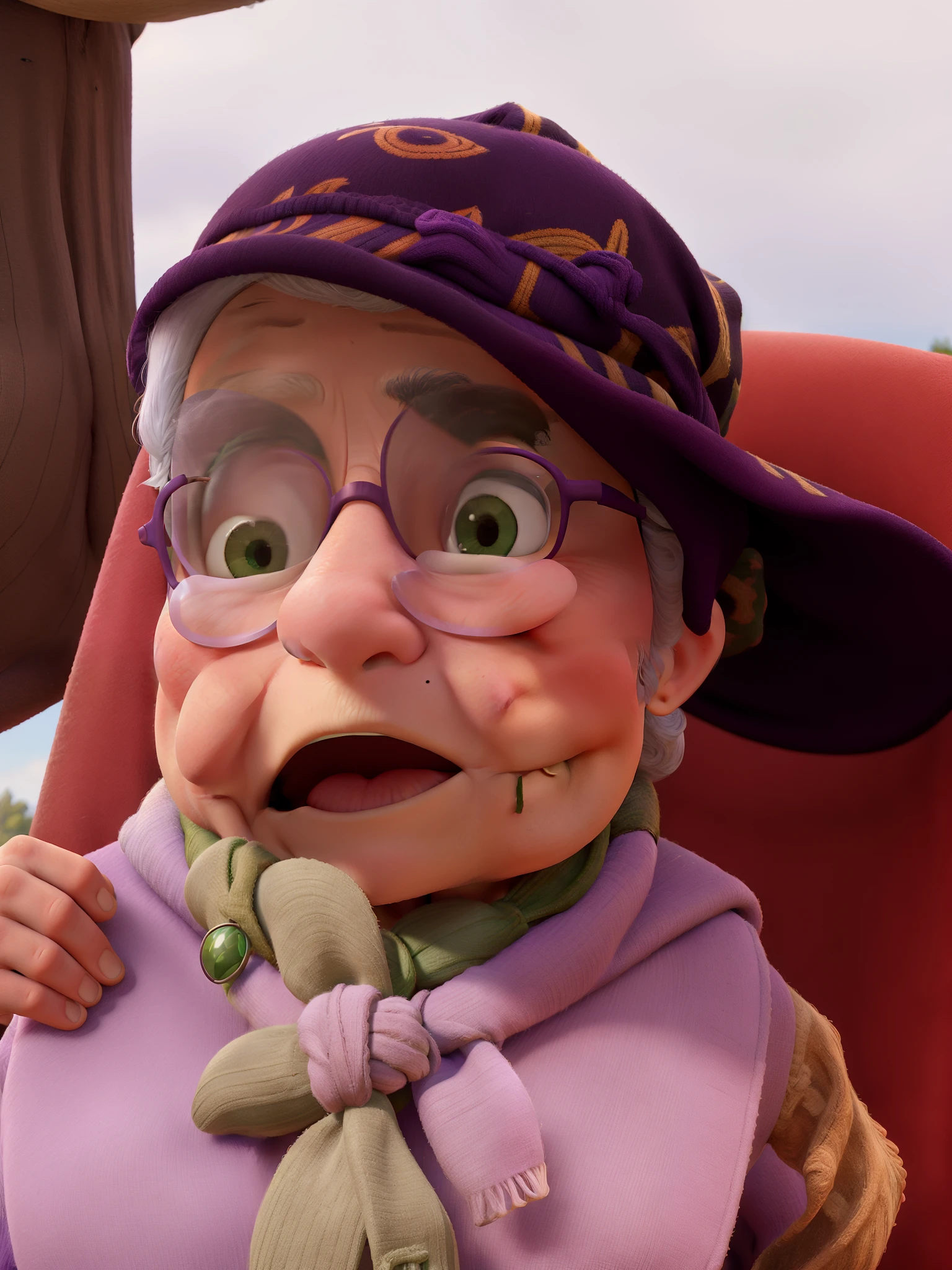 masterpiece, best quality, an old woman with glasses and a scarf on, wearing a purple coat and green scarf, standing at the park