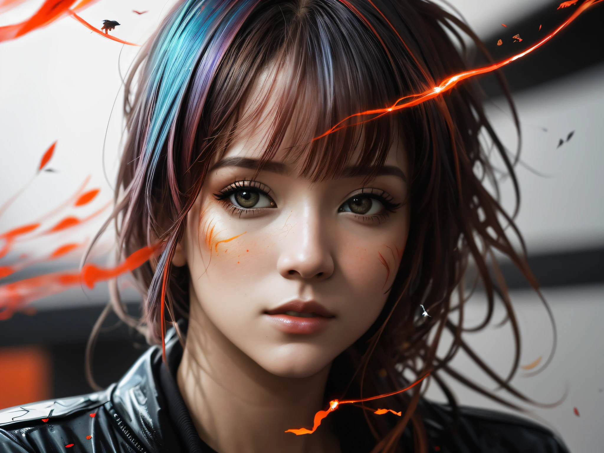 Perfect centralization, Fantastic black-red lightning bolt, eliminar, standing up position, Belleza abstracta, centro, Looking at the camera, ojos violetas, in front of camera, nearing perfection, dynamic, Altamente detallado, liso, foco nítido, 8k, A high resolution, illustration, arte de Carne Griffiths y Wadim Kashin, Personajes de Goldfish