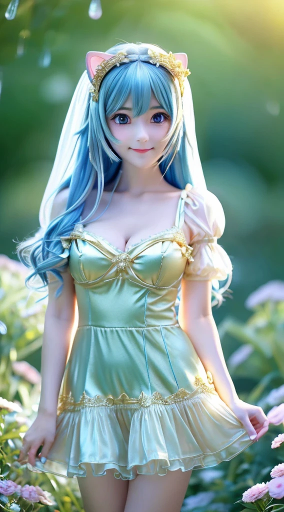 full bodyesbian、Best detailed girls、deep field of view、breast squeeze、Glossy、Neat and clean figure、a beautiful detailed girl、20yr old、long light wavy hair、Flowing hair、air bangs、Beautifully detailed longtail、Hair intake、pale blue hair、Silky hair、extremely detailed cute anime face、seducting smile、Furrowed eyebrows、beautiful detailed deep eyes、Cat's ears、Delicate hand、Cleavage cutouts、 Absolute Ryoiki、pale blue eyes、slick skin、delicate gold metal decoration、florals、dress with ruffles、Puffy short sleeves、translucent fluttery skirt、Ribbons on the legs、bright colored clothes、landscapes、delicate glow、shimmer、refined rendering、the Extremely Detailed CG Unity 8K Wallpapers、top-quality、ultra-detailliert、