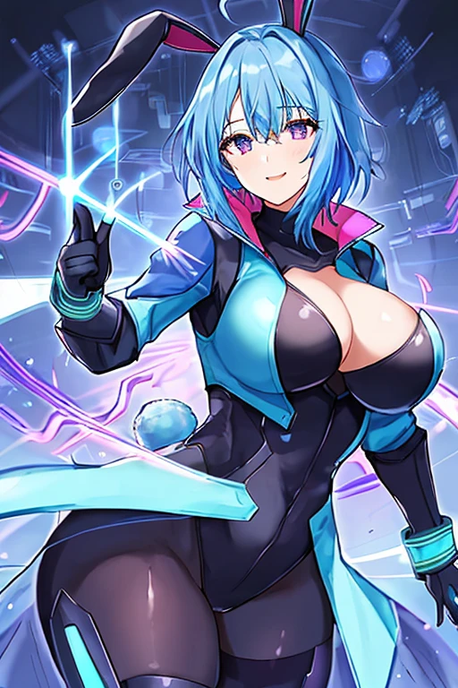 1girl, blue hair, large breasts, breasts, thick thighs, wide hips, purple eyes, bodysuit, black bodysuit, pantyhose, short hair, light smile, happy, very short hair, science-fiction, tech, futuristic, black pantyhose, thighhighs, neon, machinery, bunny ears, neon trim, anime style, 2d, anime screencap, blue neon trim, rabbit tail, rabbit ears