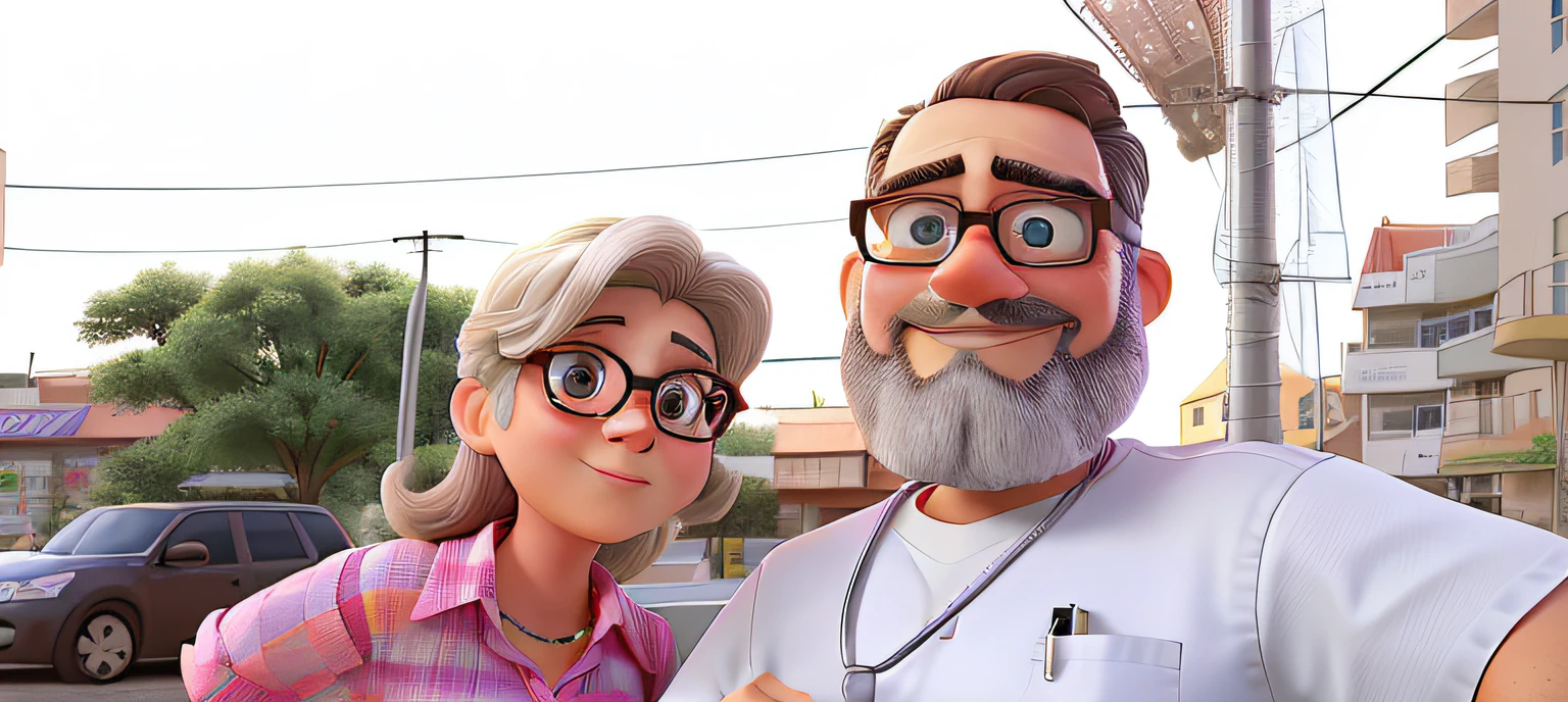 A 47-year-old light brunette man with glasses and goatee with a surgical steel lanyard and more from the white stuttgart football team and a beautiful 56-year-old white bespectacled woman with a pink colored shirt. sem fundo, alta qualidade.