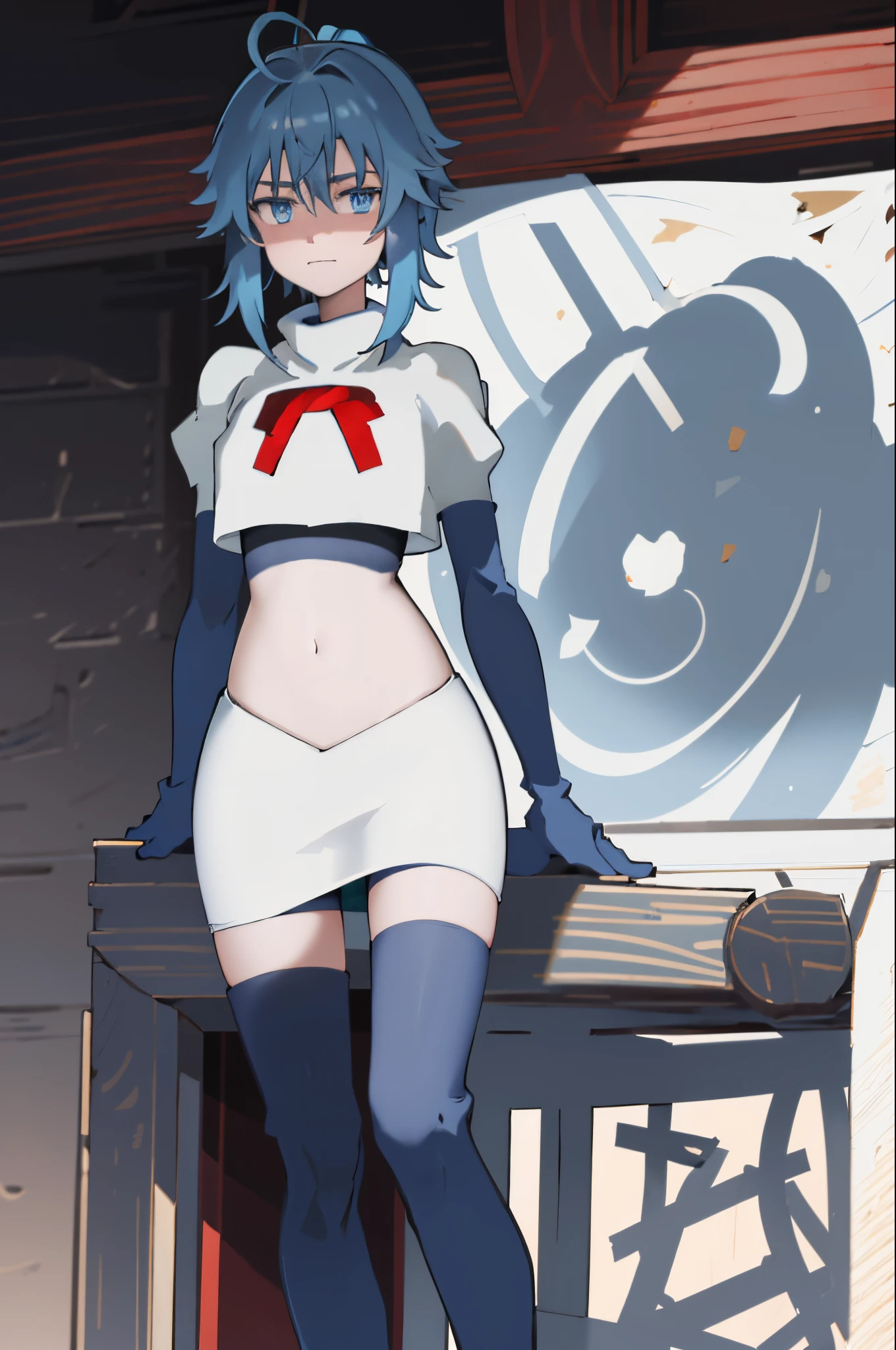 best quality, (masterpiece:1.2), detailed, medieval,
Re=L Rayford,
1girl, solo, closed mouth, 
short hair with long locks, blue hair, ponytail, blue eyes, red ribbon, sidelocks, ahoge,
team rocket,team rocket uniform,white skirt,crop top,red letter R,black thigh-high boots,black elbow gloves,