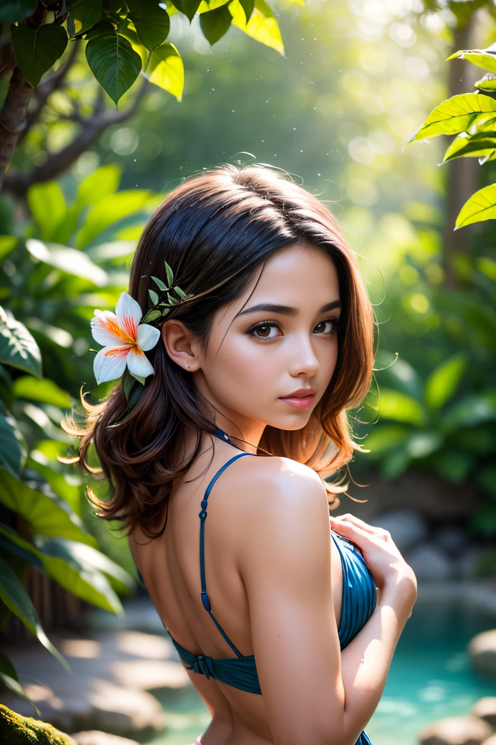 (best quality,4k,8k,highres,masterpiece:1.2),ultra-detailed,realistic, Captured from behind, bright colors, vibrant tones,medium:painting, Colombian girl, detailed eyes,detailed lips,long eyelashes,sexy,posing confidently,back view, tropical paradise, lush garden, natural pool, blooming flowers, crystal clear water,scenic beauty,sunlight filtering through the trees, tranquil atmosphere,serene ambiance