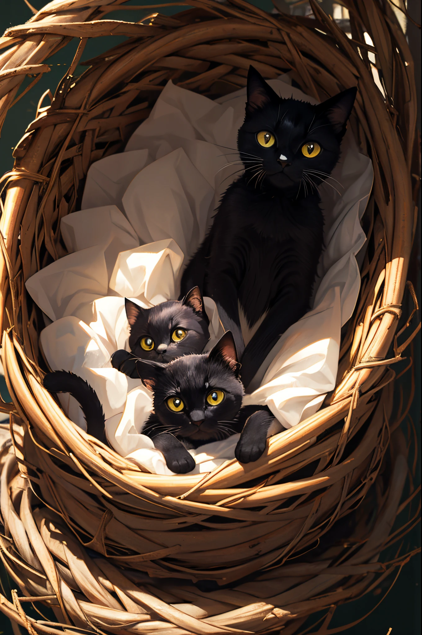 Black Cat, in nest on its back, Cute Cat, Feline, 4k, 8k, Wallpaper, Absurd Quality, Detailed Furr,