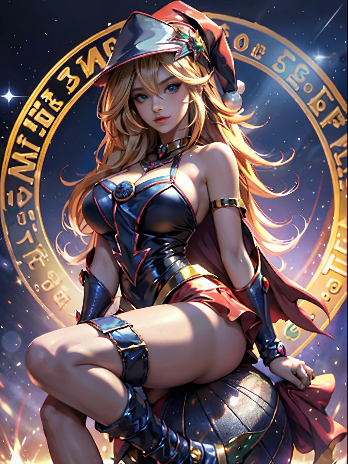 Dark magician gils. Rubia dorada sexy, ojos azules, Cara hermosa, Fit and athletic body, travieso, guarra, Manos perfectas, Manos detalladas, Ojos azules perfectos, ojos detallados, flirty, sexy, tetas grandes y alegres, cuerpo completo, realista, HDR, UHD, dynamic, sentado en el suelo frente a una chimenea, Posando, Santa Claus red dress, christmas tree, botas negras. Pose sejustiva y sensual