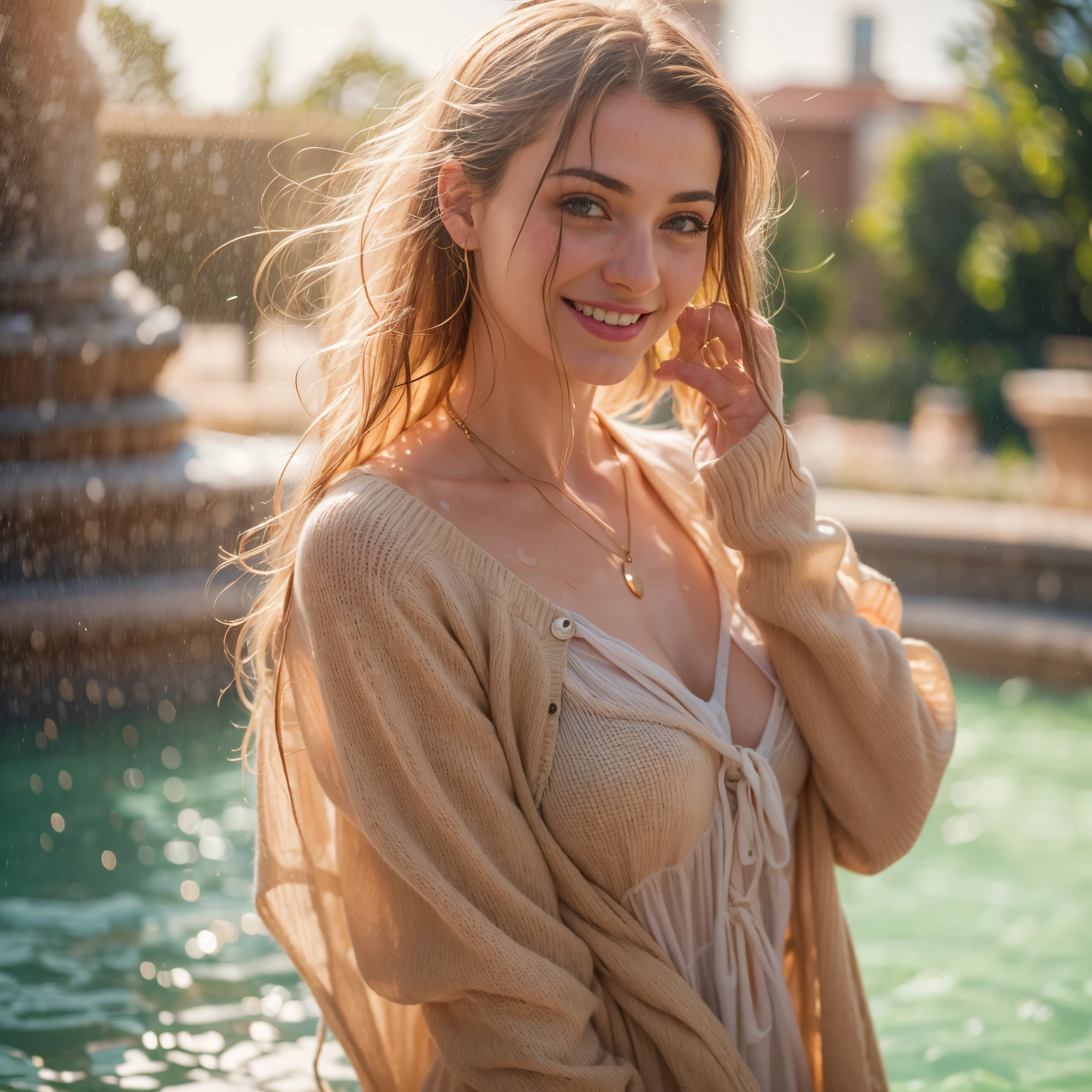 (masterpiece, 8k, best quality:1.2), in the fountain, solo, outdoor, 1girl, 27 yo european, pale skin, smile, looking at viewer, sun dress, cardigan, wet clothes, soaked, wet hair, wet skin, translucent, bright sunshine, soaked heavy clothes